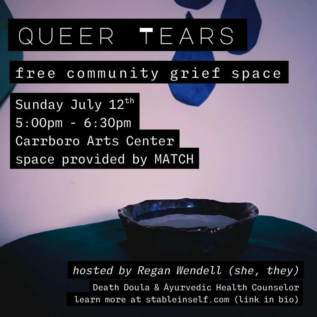 join us as we gather to hold space for tears of grief, anger, sorrow, frustration, joy, gratitude, and everything in between💧 

🗓️when: Sunday July 12th, 5pm-6:30pm 

📍where: Carrboro Arts Center - 400 Roberson Street in the youth center, thank yo