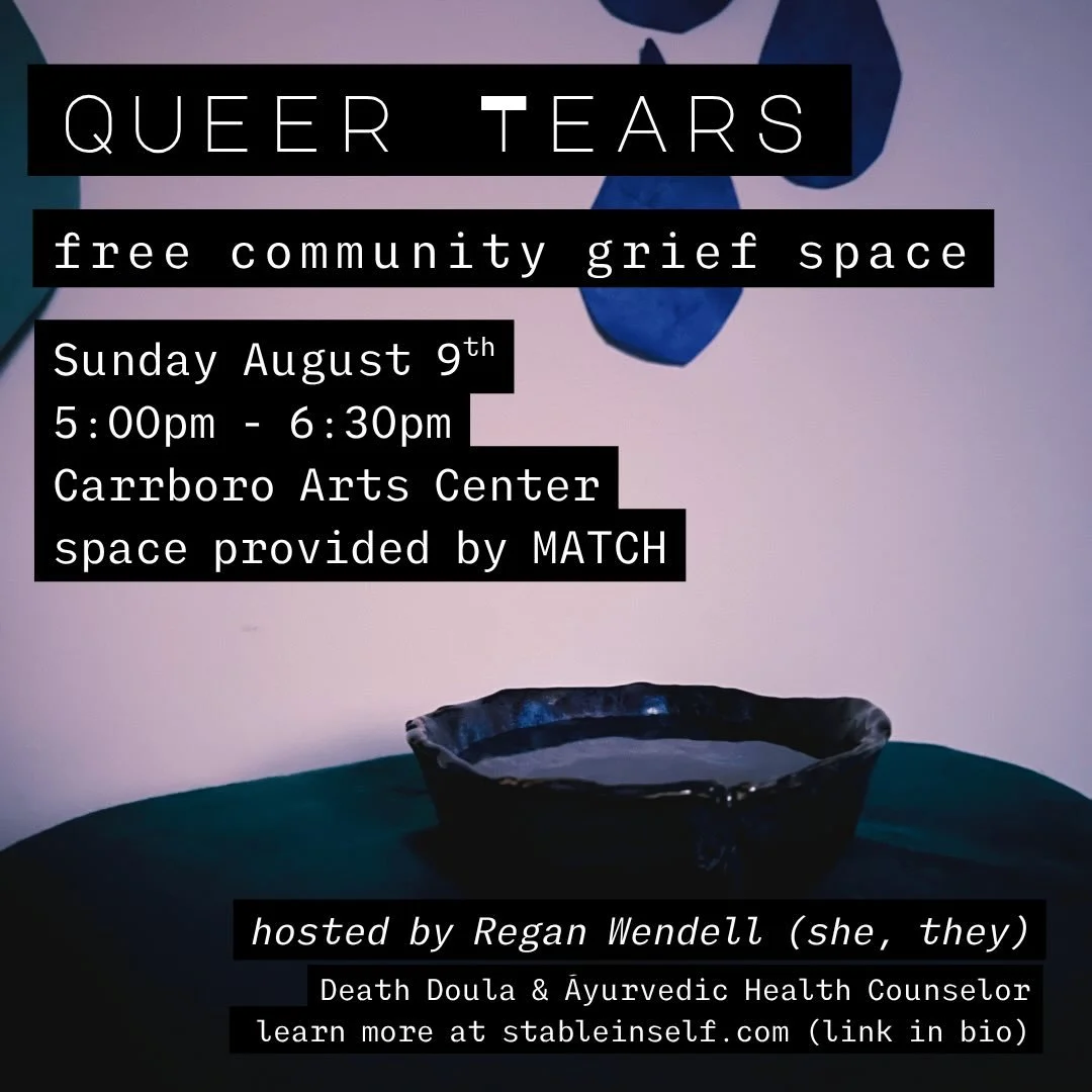 join us as we gather to hold space for tears of grief, anger, sorrow, frustration, joy, gratitude, and everything in between💧 

🗓️when: Sunday August 9th, 5pm-6:30pm 

📍where: Carrboro Arts Center - 400 Roberson Street in the youth center, thank y