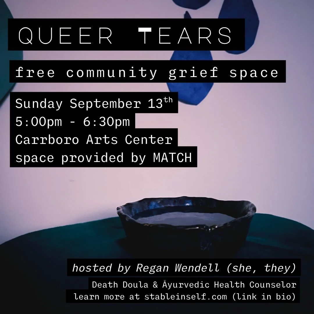 join us as we gather to hold space for tears of grief, anger, sorrow, frustration, joy, gratitude, and everything in between💧 

🗓️when: Sunday September 13th, 5pm-6:30pm 

📍where: Carrboro Arts Center - 400 Roberson Street in the youth center, tha