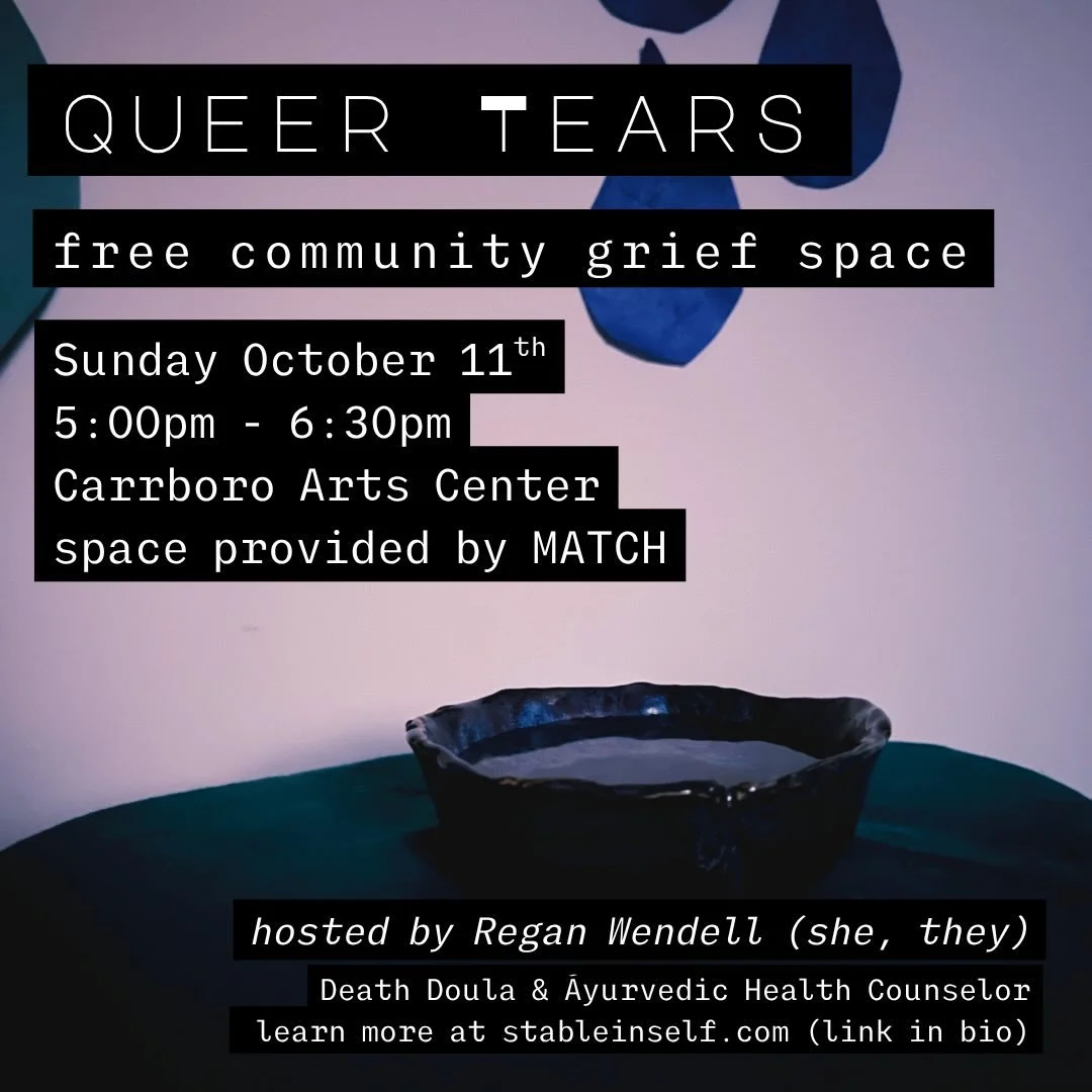 join us as we gather to hold space for tears of grief, anger, sorrow, frustration, joy, gratitude, and everything in between💧 

🗓️when: Sunday October 11th, 5pm-6:30pm 

📍where: Carrboro Arts Center - 400 Roberson Street in the youth center, thank