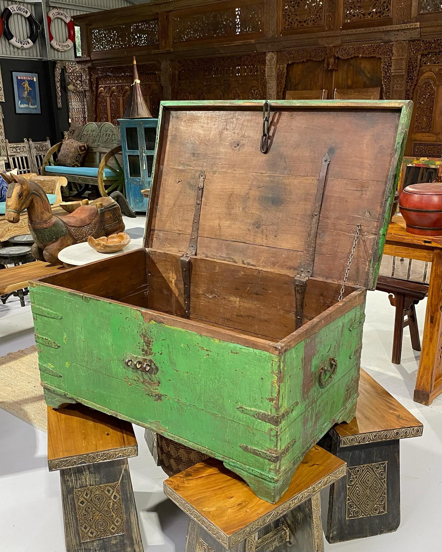 Nice vintage rustic timber chest from Rajasthan. Original iron hardware and green paint. Great original condition. 

Available from our Northern Rivers store 
46 Red Lane Rous 2477 
Open every Saturday and Sunday only from 9.30am until 1.00 pm 

#div