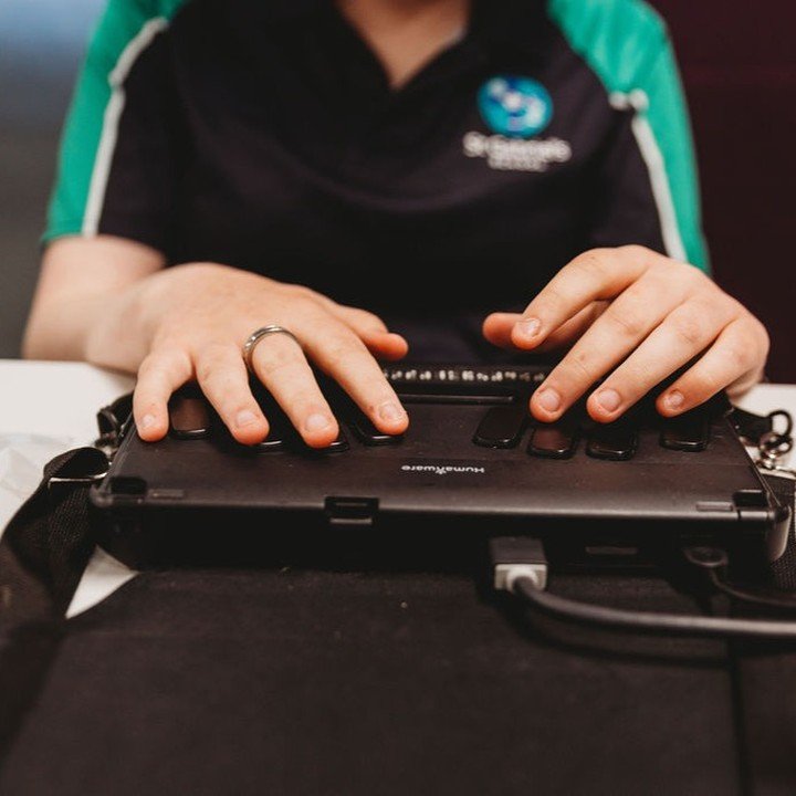 This is one of our students using the BrailleNote Touch. Technology can be a helpful tool for learning, and particularly so for our students.
The BrailleNote Touch is a refreshable braille tablet that puts braille under the fingers of our students wh