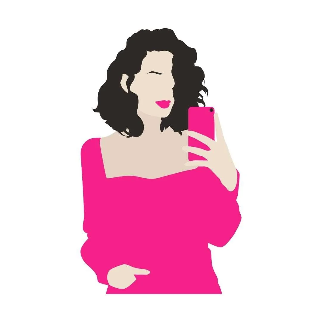 Illustration of woman with curly black hair taking a selfie in a pink top