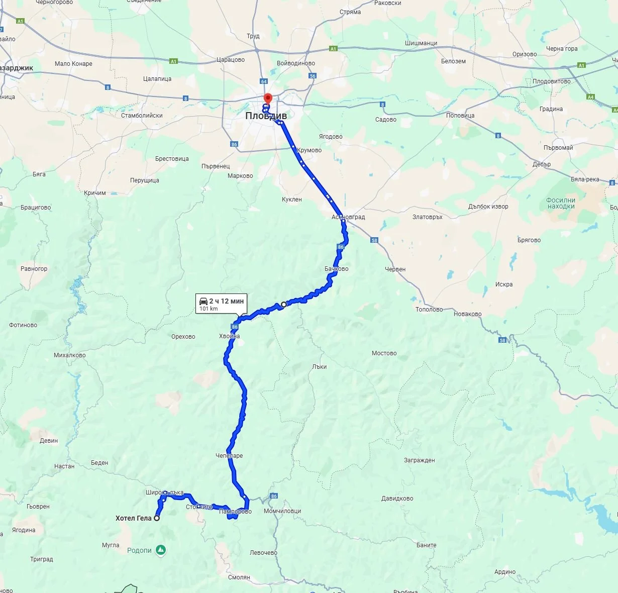 Map showing a driving route from Plovdiv to a location near the Rhodope Mountains, Bulgaria, spanning 101 km.