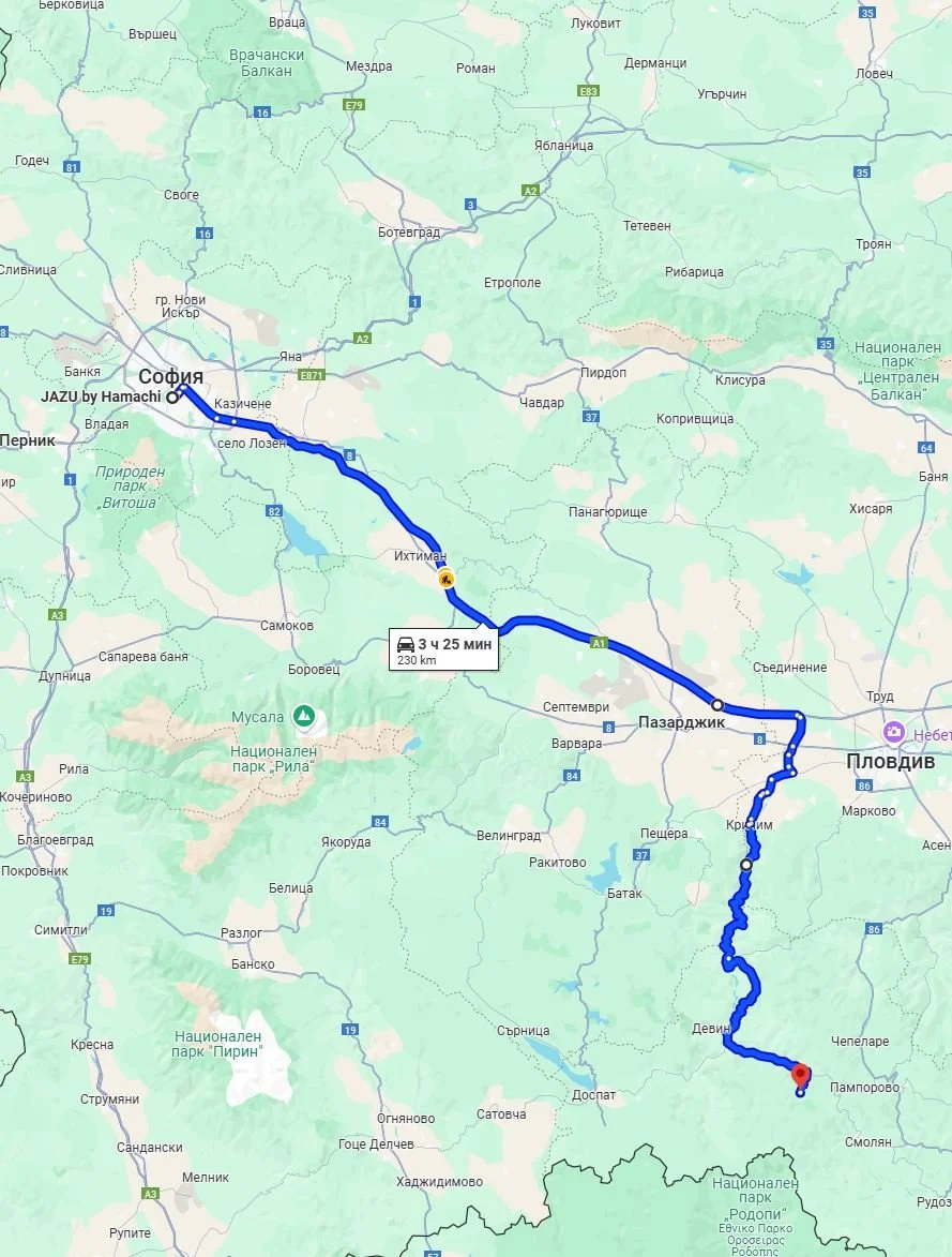 Google Maps route from Sofia to Plovdiv, Bulgaria