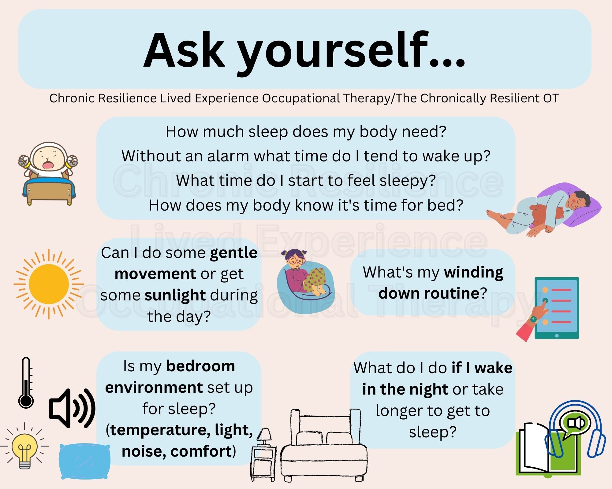  Image description: a graphic on a tan background with blue text boxes. Heading: ‘Ask yourself...’ How much sleep does my body need? Without an alarm what time do I tend to wake up? What time do I start to feel sleepy? How does my body know it's time