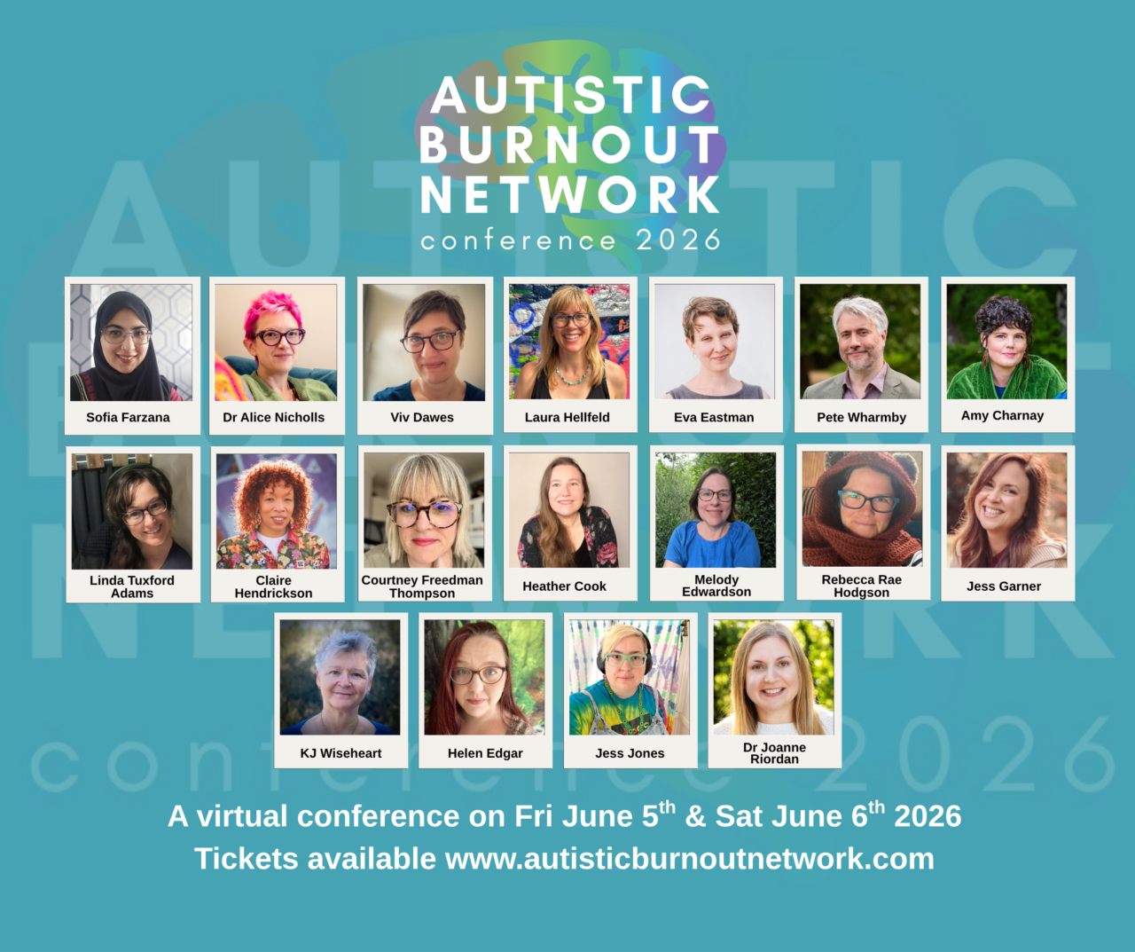 Promo image for the Autistic Burnout Network conference 2026 with speaker headshots