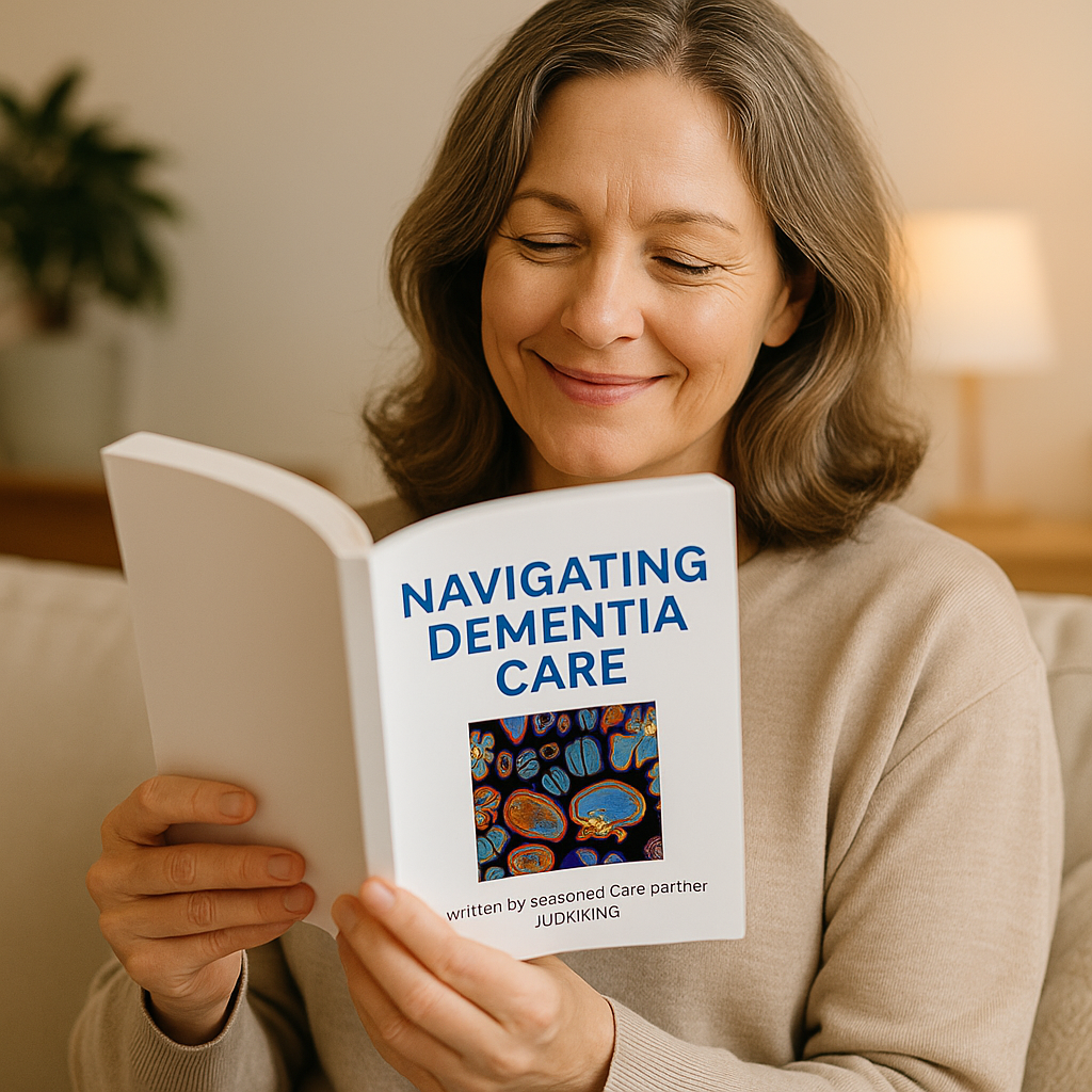 Woman reading Navigating Dementia Care Book smiling