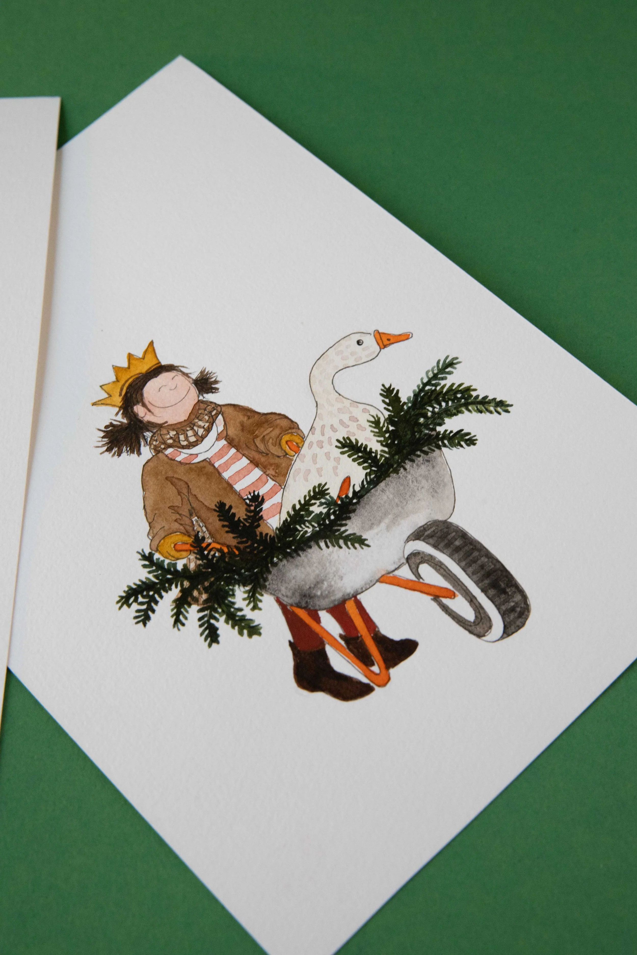 WEIHNACHTEN, KARTENGRUSS, KIND, SCHUBKARRE, GANS, ZWEIGE