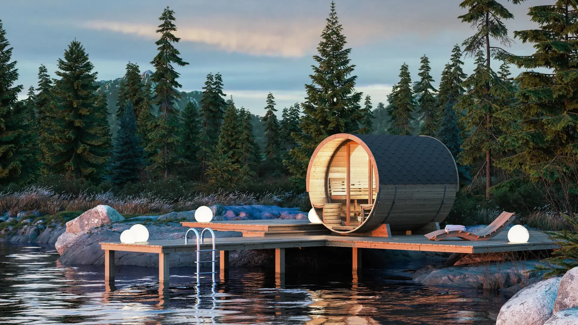 Sauna Susann posizionata su un pontile di un laghetto biologico