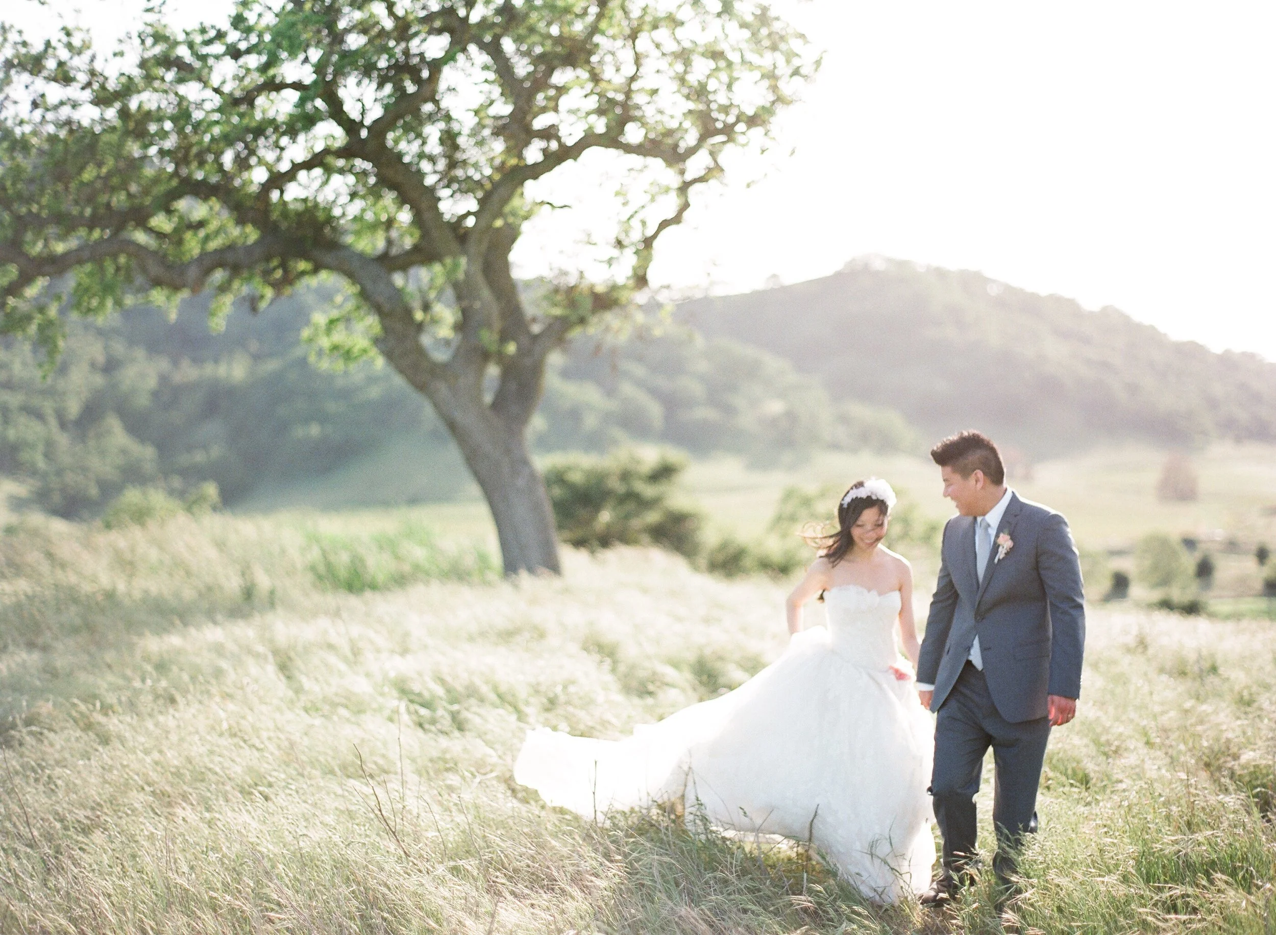 A couple walking in a grassy field on a sunny day, dressed in wedding attire, with a large tree and hillside in the background.