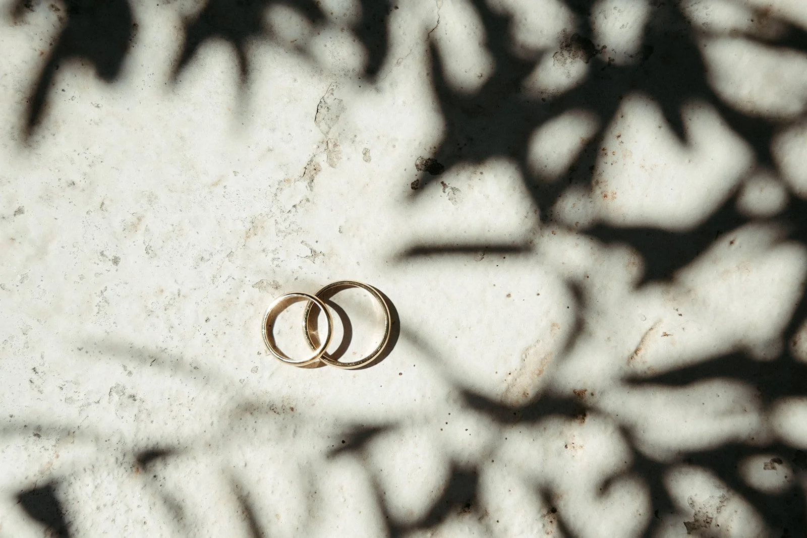 Alianzas de boda entre luces y sombras sobre la piedra blanca