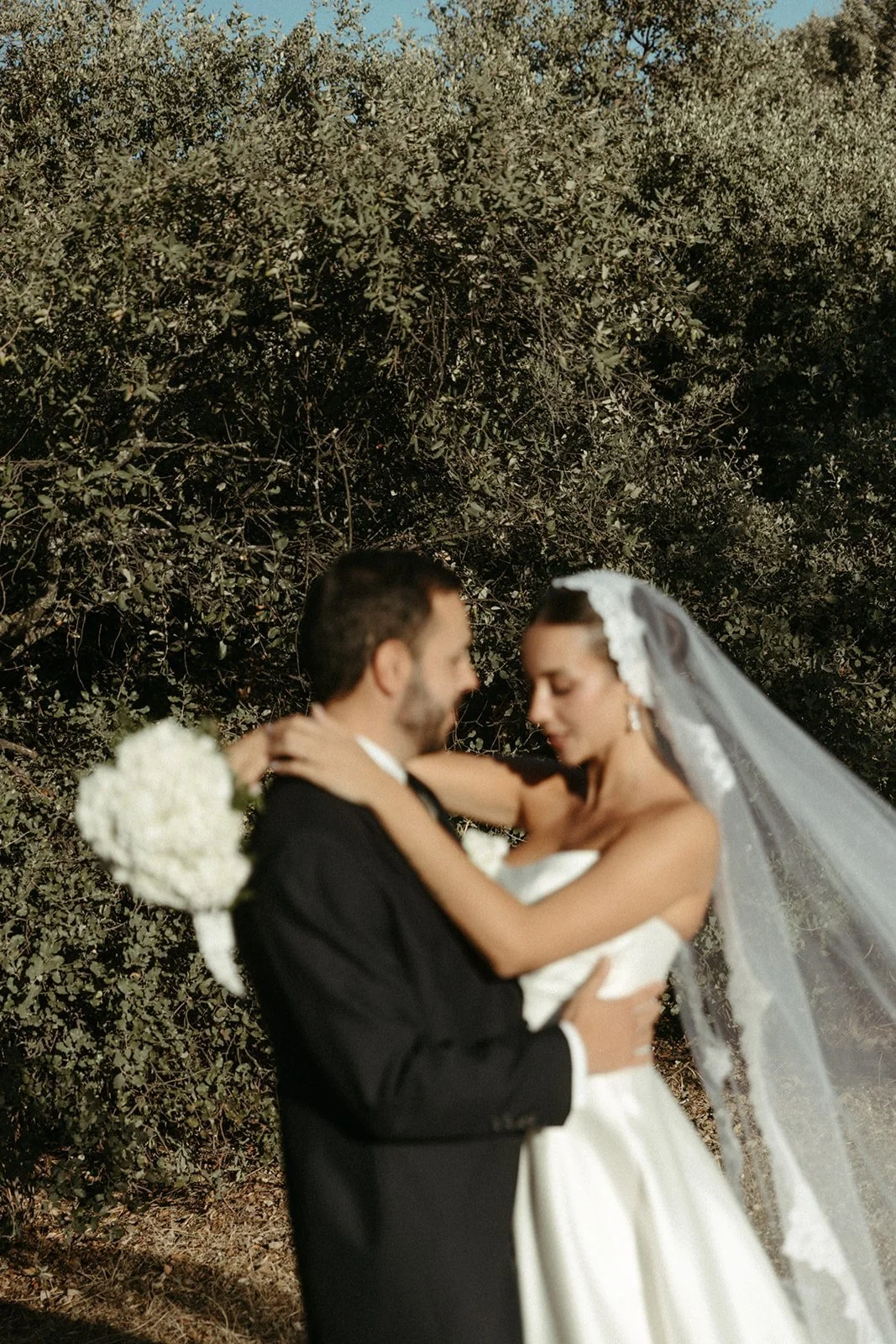 Bride and groom embracing among olive trees at a Madrid wedding estate