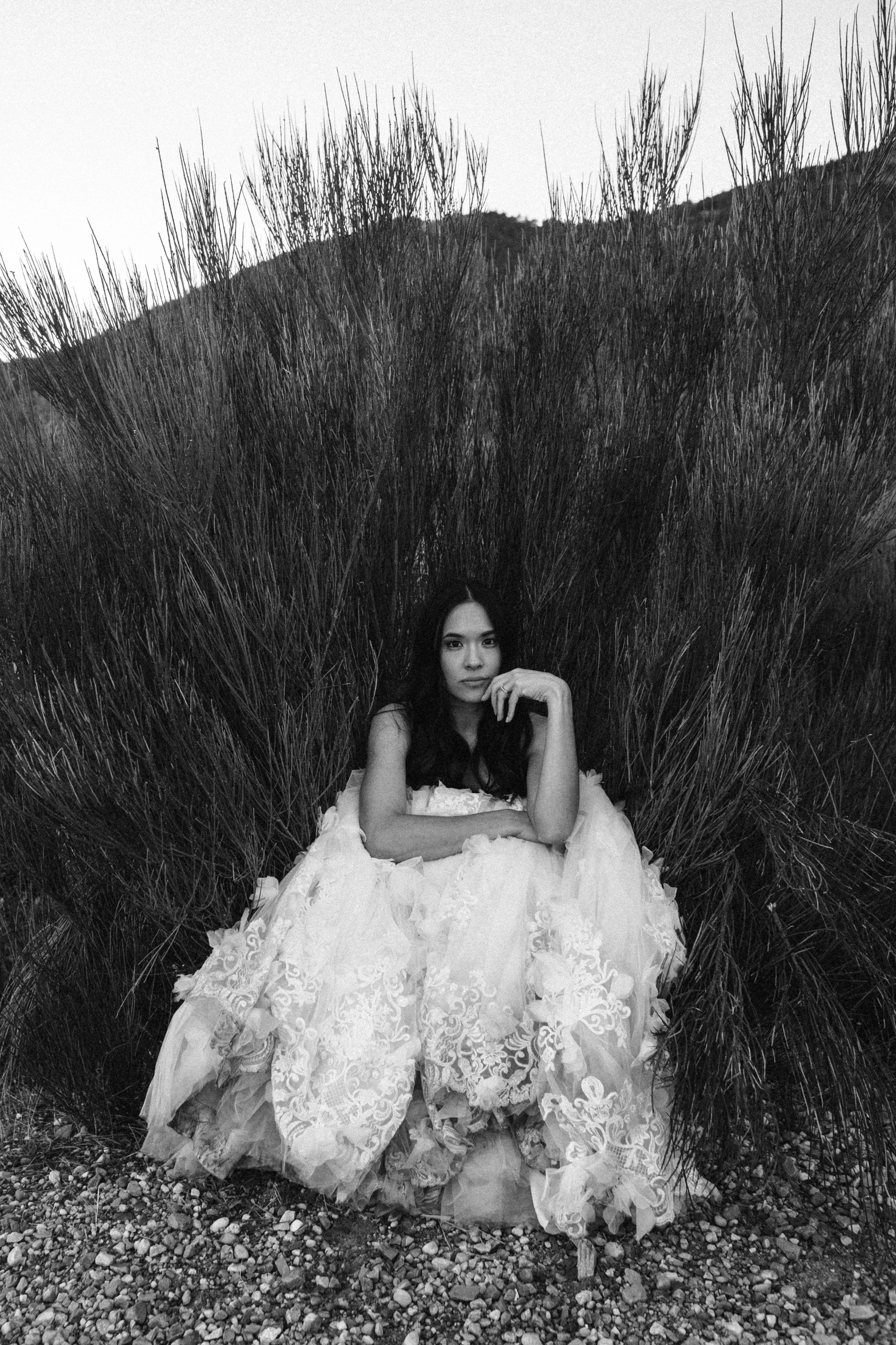 Una mujer con un vestido largo y detallado sentado en la naturaleza, rodeada de árboles secos, en un paisaje de montañas, en blanco y negro.