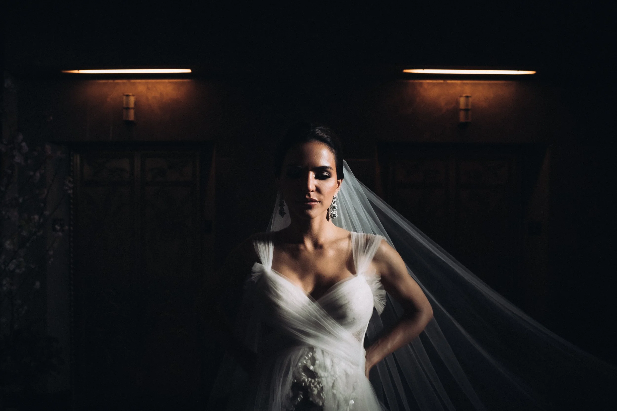 Mujer con vestido de novia y velo en un entorno oscuro con iluminación suave