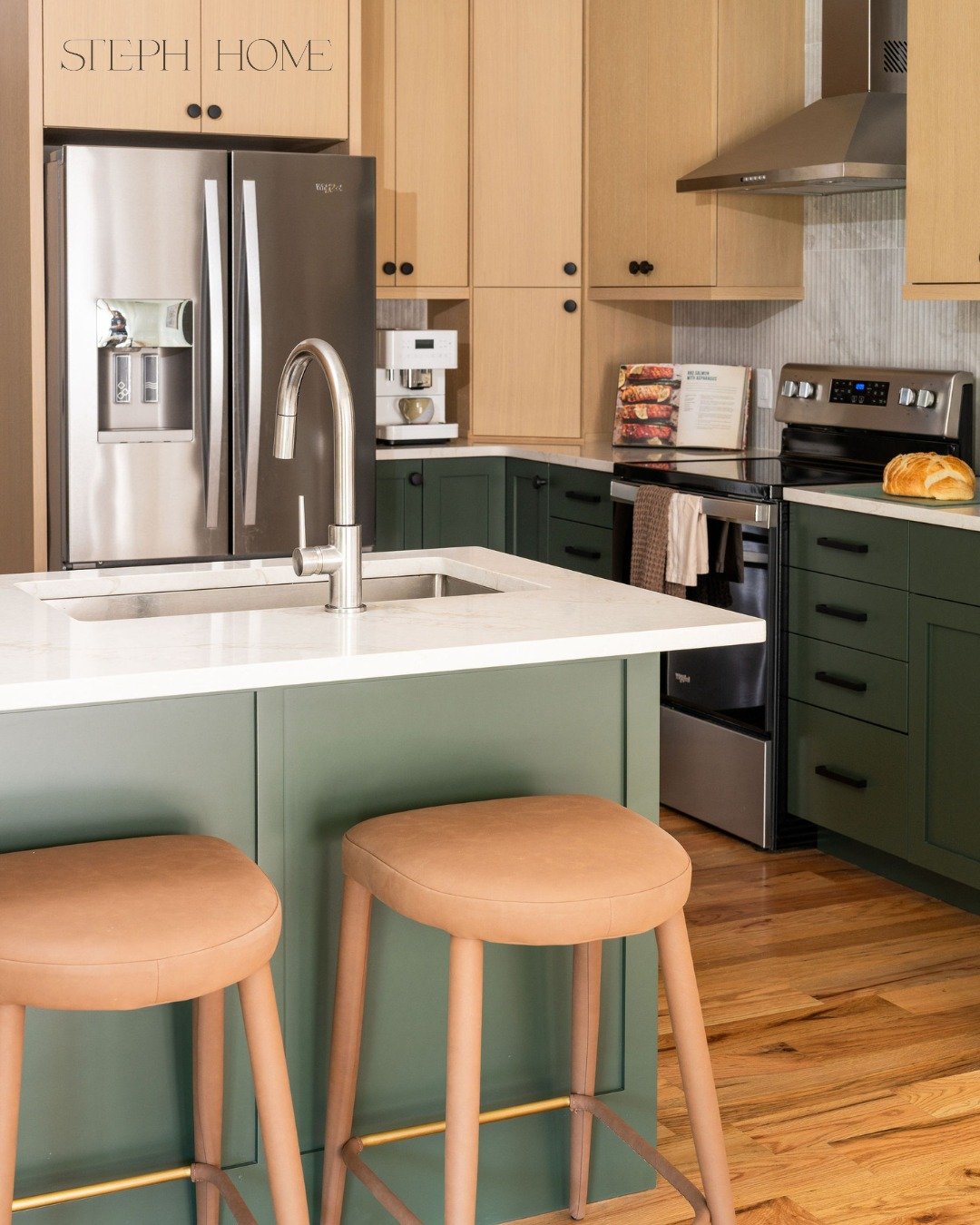 A kitchen designed for everyday living &mdash; natural wood tones, earthy green cabinetry, and thoughtful details that make morning coffee feel special.

Want to see more projects like this? Visit stephhome.com and sign up for our newsletter to stay 