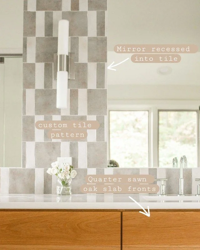 A few intentional details from this project ✨

&bull; custom tile pattern with subtle movement and texture
&bull; mirrors recessed directly into the tile for a completely flush installation
&bull; quarter sawn white oak slab front cabinetry with grai