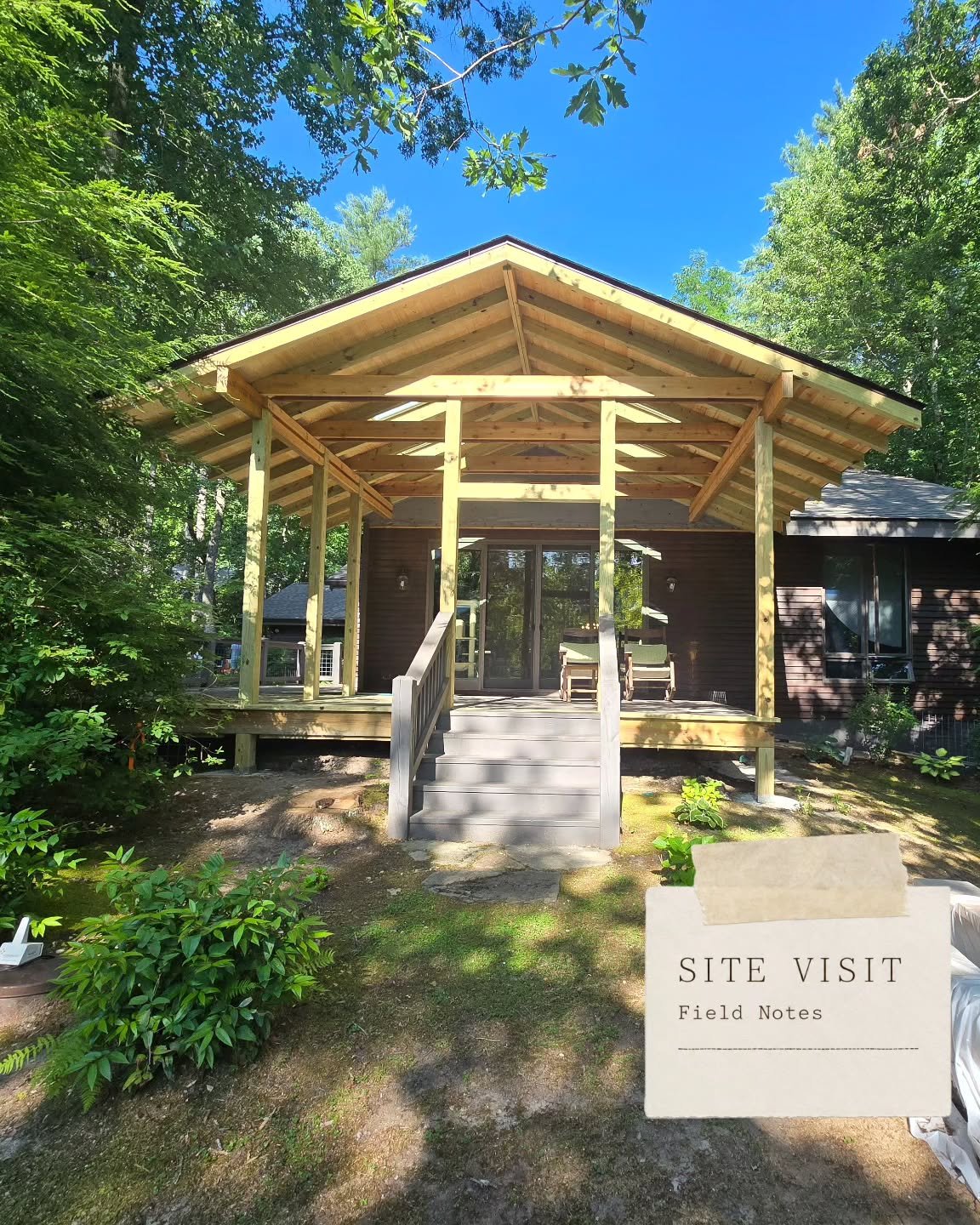 Checking in on a screened porch addition.

This home sits on a mossy hillside above a pond,  the kind of setting you want to be outside in as much as possible. Except the original porch didn't let you. Too small, too exposed, unusable most of the yea