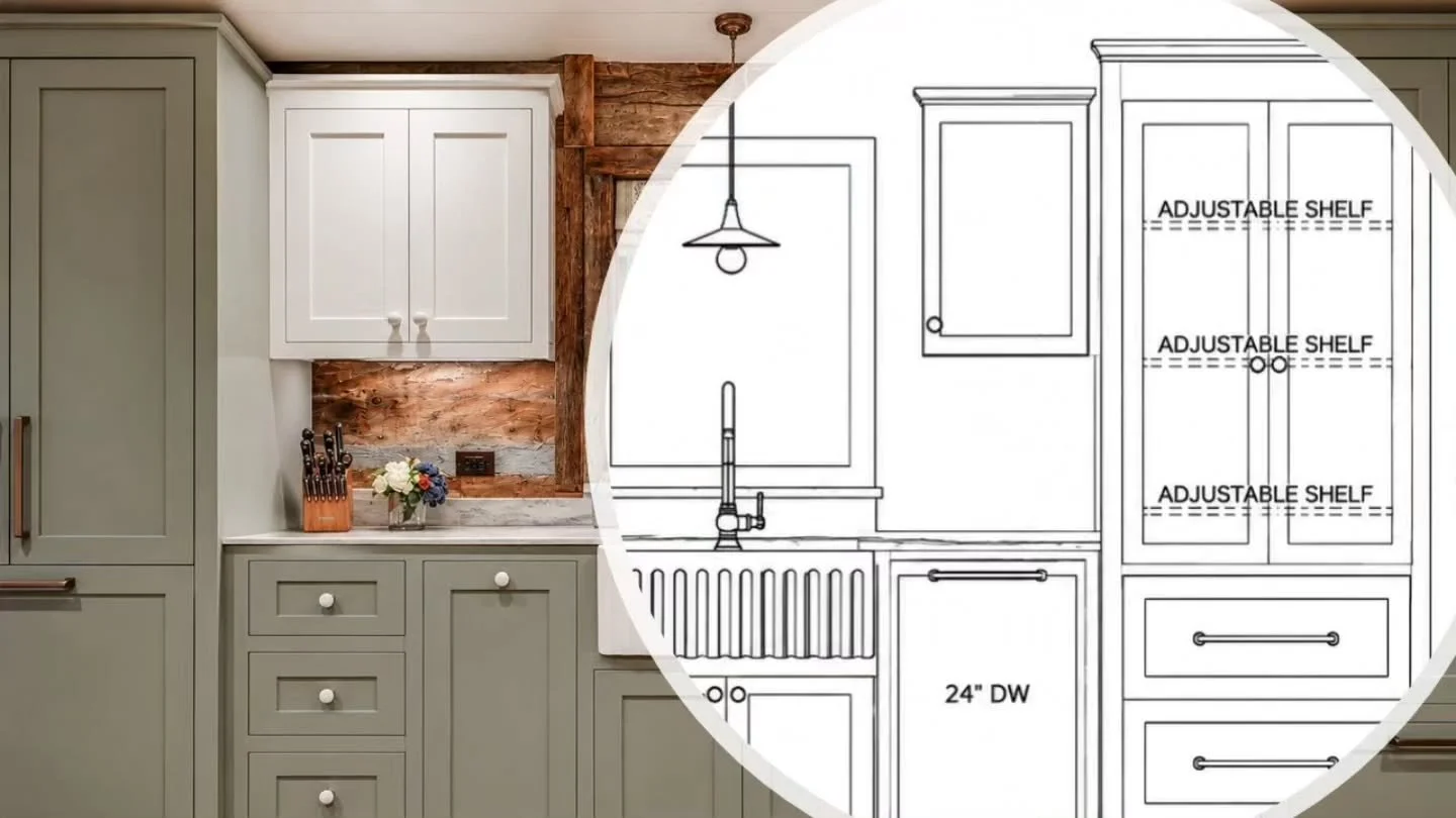 Before there's a kitchen like this one, there's a drawing like this one.

Every cabinet, every shelf, every appliance gets specified down to the quarter inch before anything gets built. That 24" DW isn't just a label, it's the exact space held f