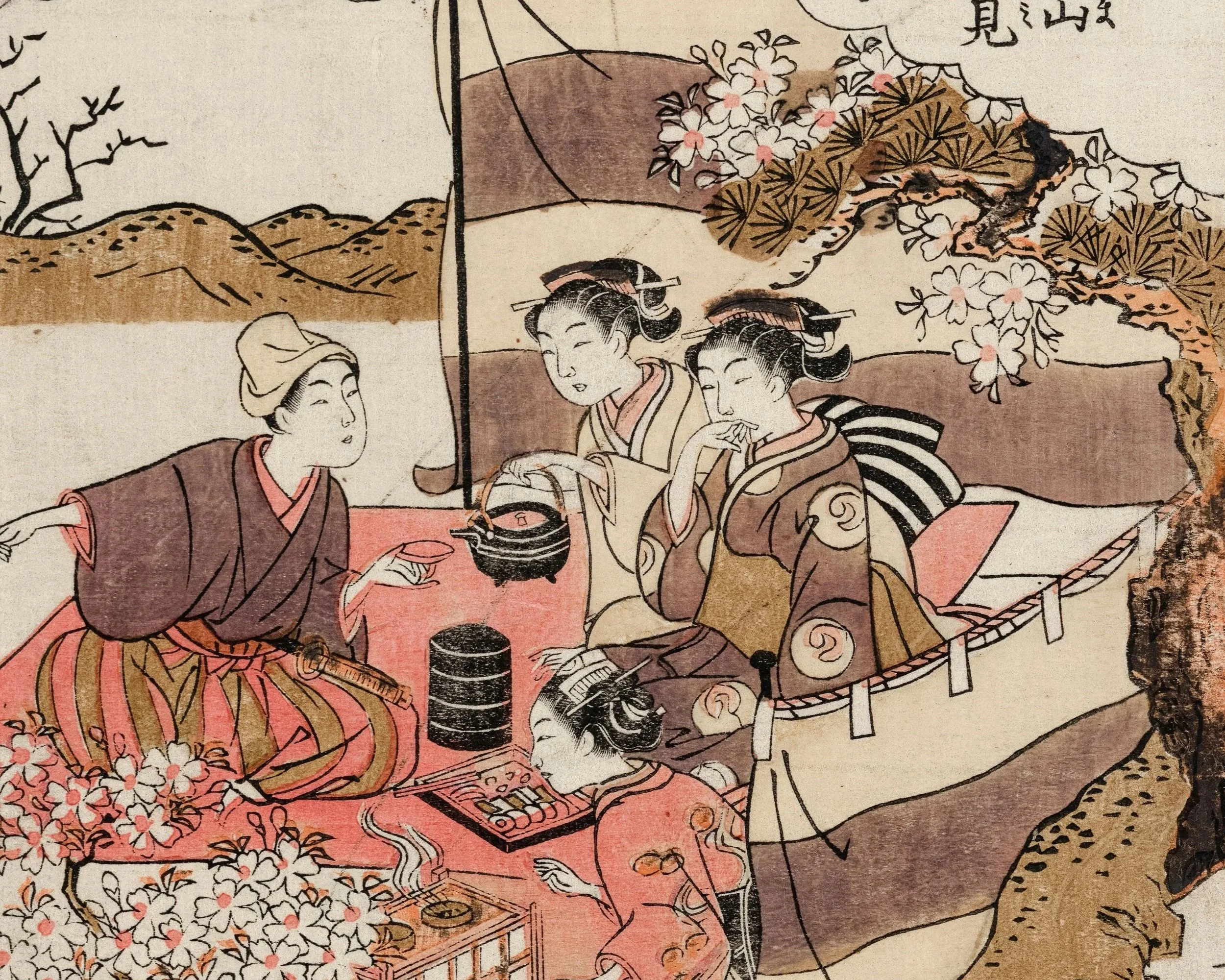 An illustrated Japanese tea ceremony scene with people preparing tea beneath blooming cherry blossom trees