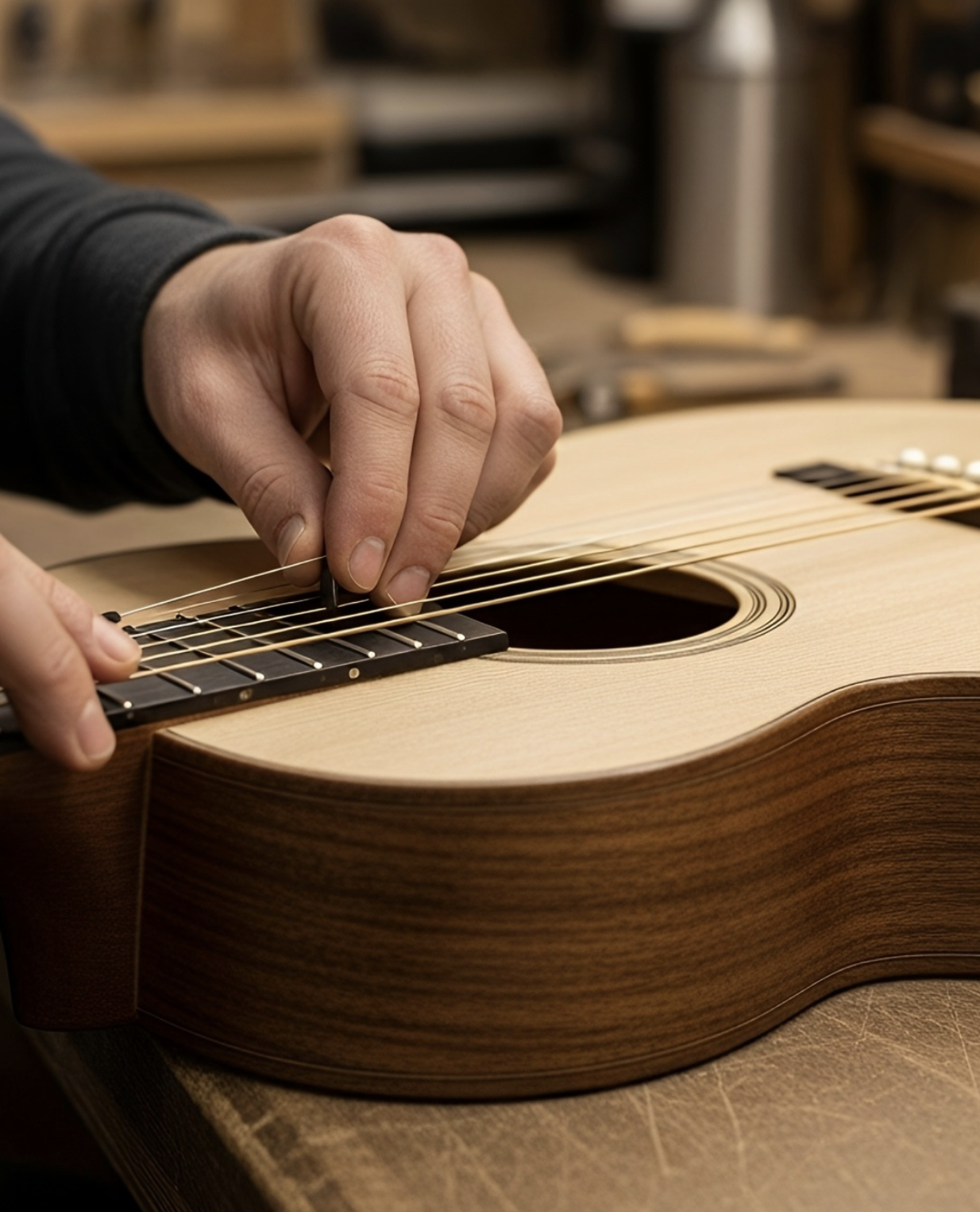 Volunteer repairing an acoustic guitar at Lymm Repair Café, showcasing skilled instrument repair and sustainable community craftsmanship in Warrington.