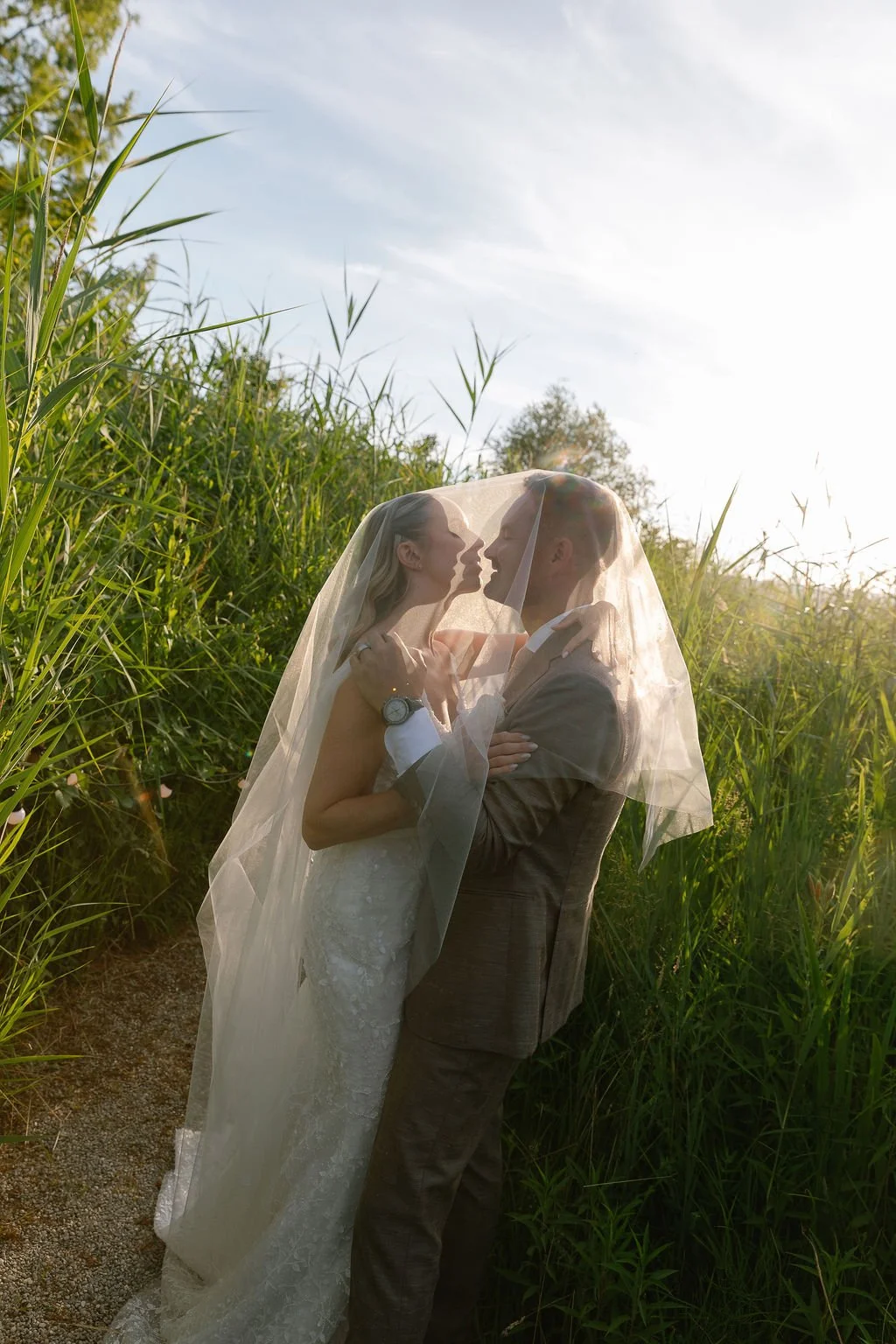 couple marié sous un voile dans un champ de roseaux