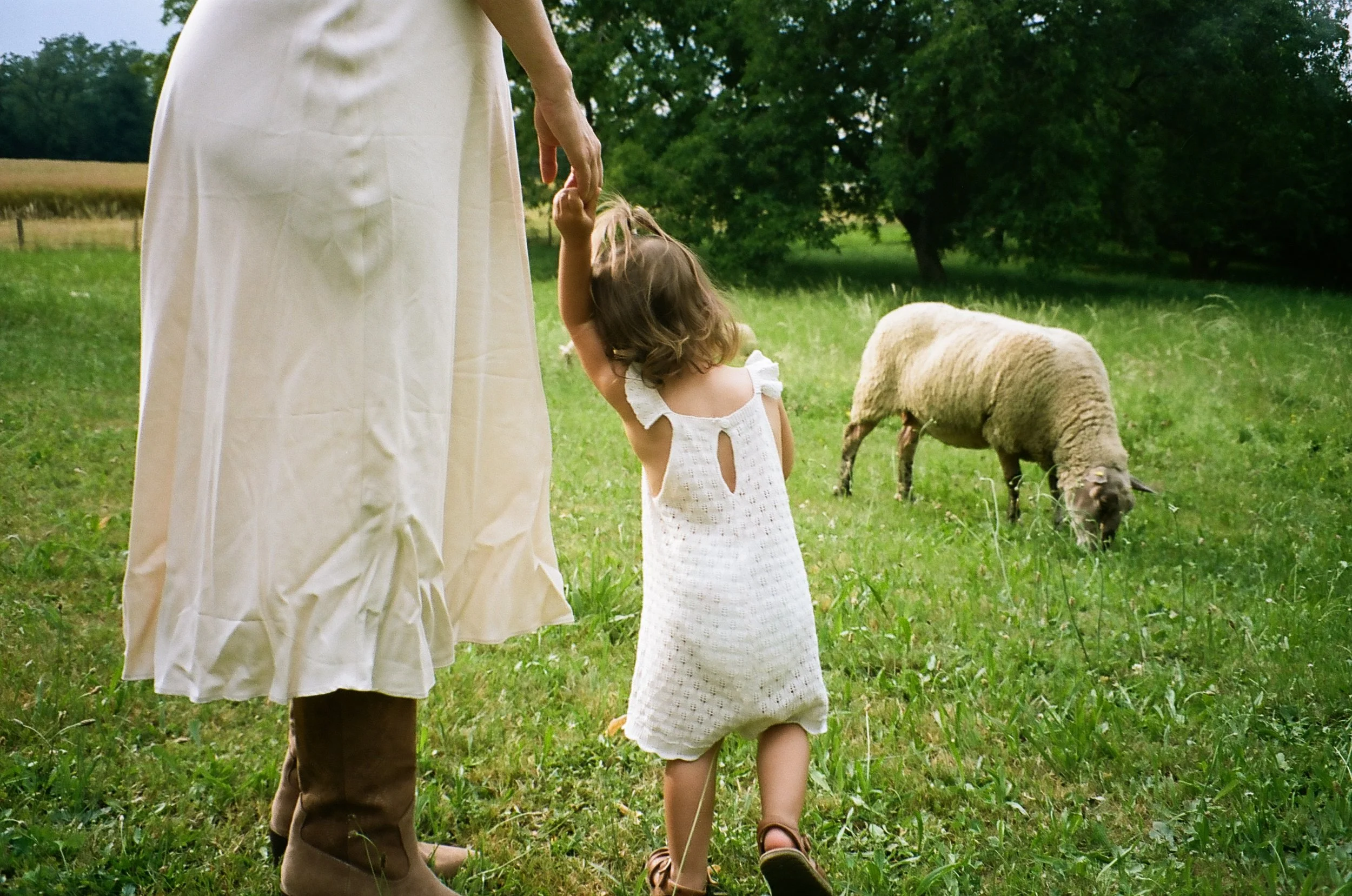 photographie maman et enfant devant un mouton
