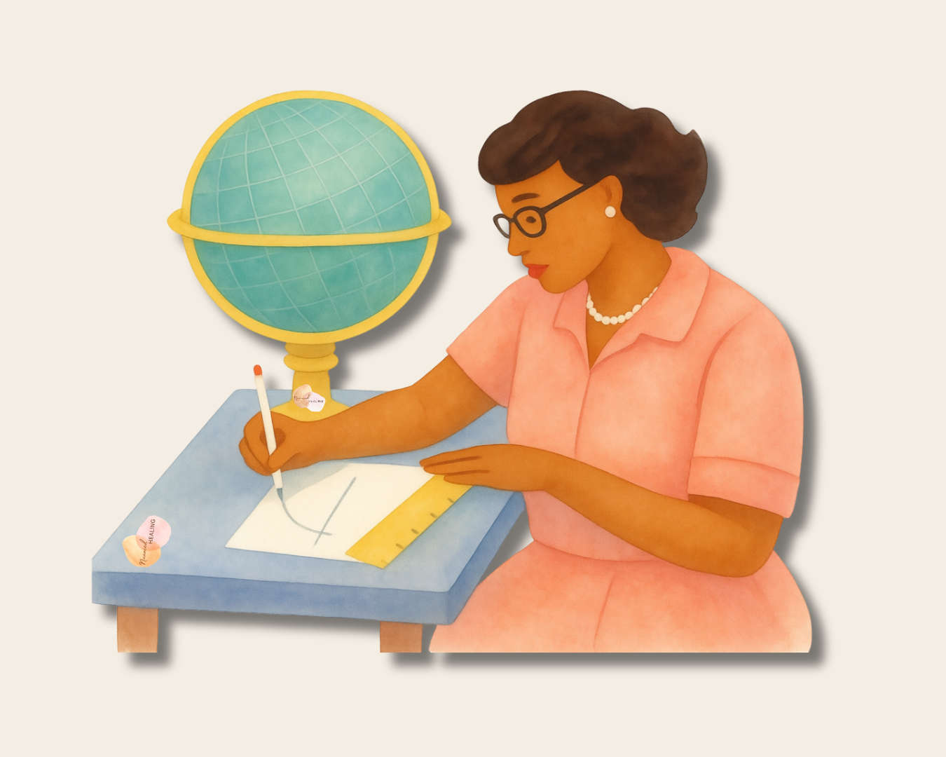 Illustrated Black woman in glasses and pearls drawing a curved path at a desk beside a globe, charting a route like a map of change.