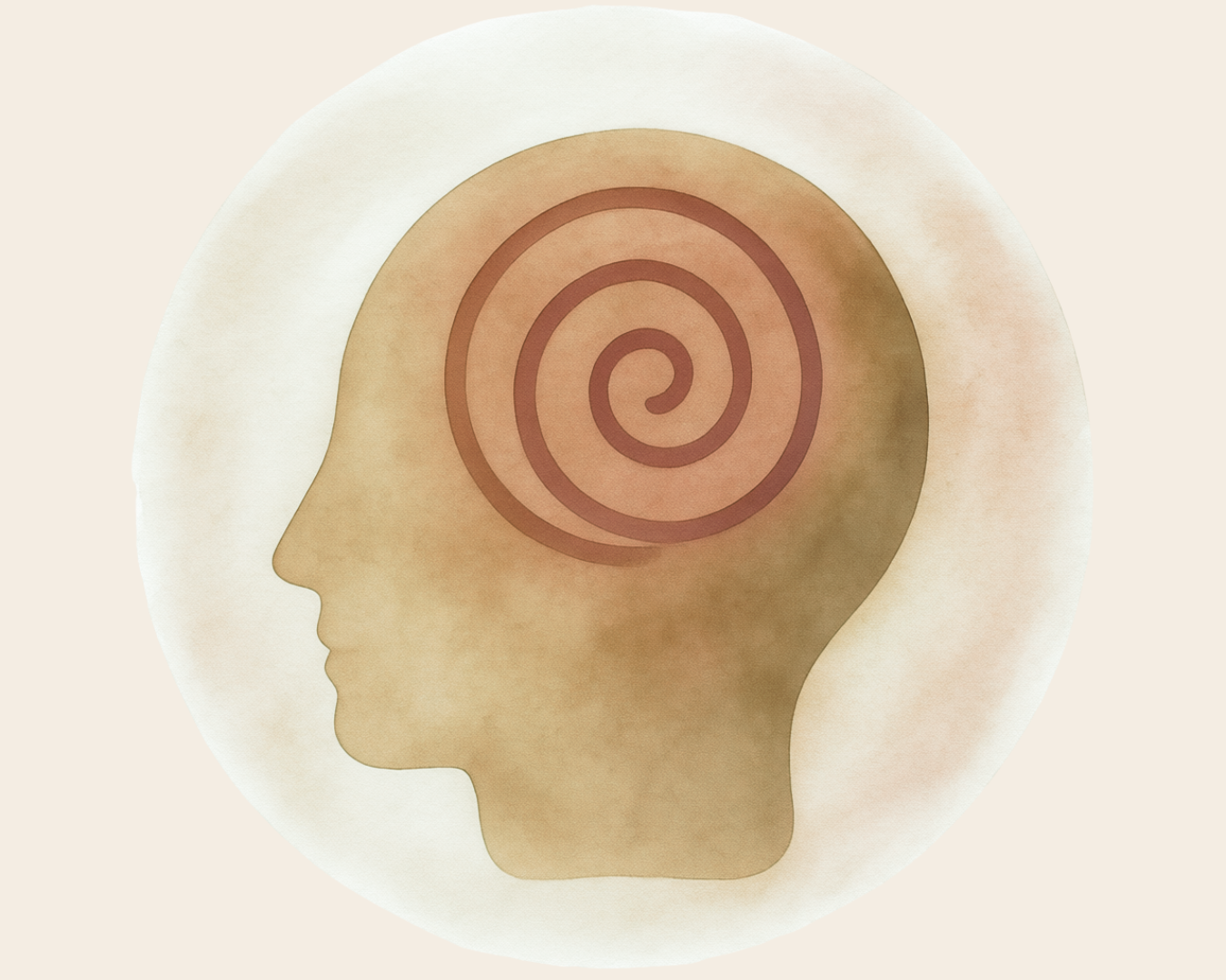 Watercolor profile of a head with a spiral inside the mind, representing thought patterns and the winding path of change.