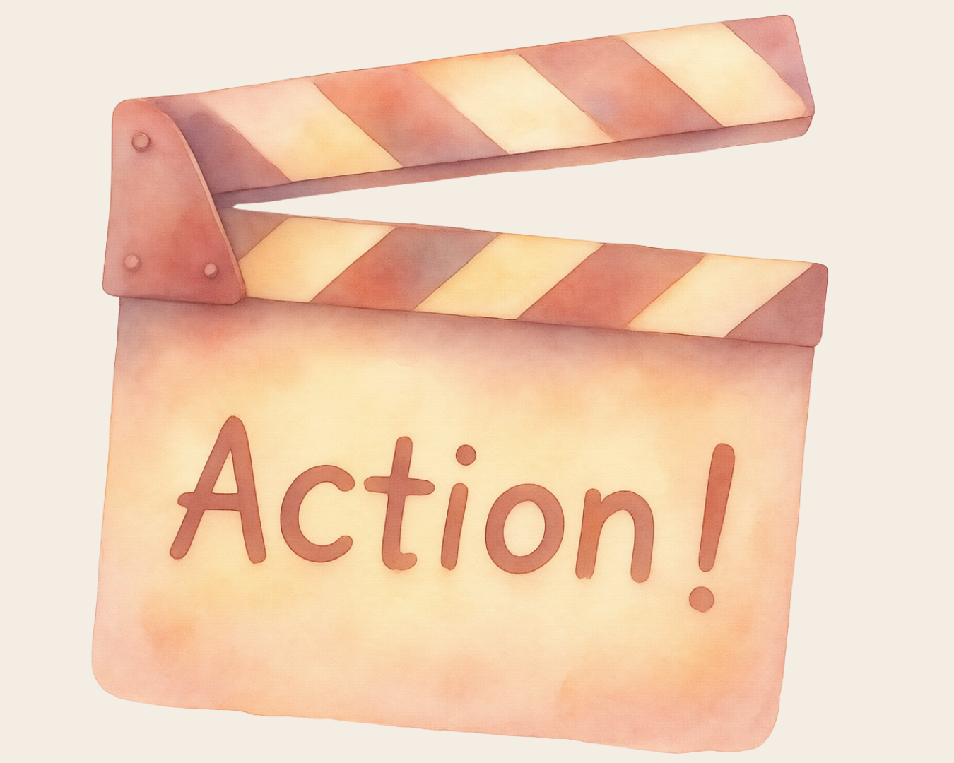 Watercolor film clapperboard reading Action!, marking the action stage of change.