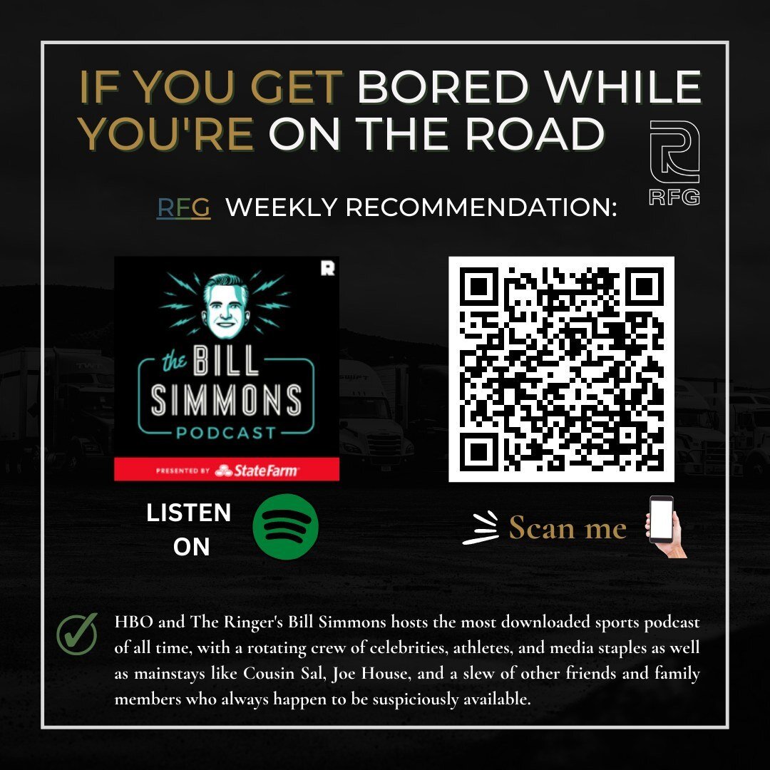 Do you get bored easily while you are on the road? 🤔
We got your back!💪
Our recommendation for this week is The Bill Simmons Podcast!⚽ 🎾 

Click on the link below to listen to it:
https://open.spotify.com/show/07SjDmKb9iliEzpNcN2xGD?si=0c20d2470ba