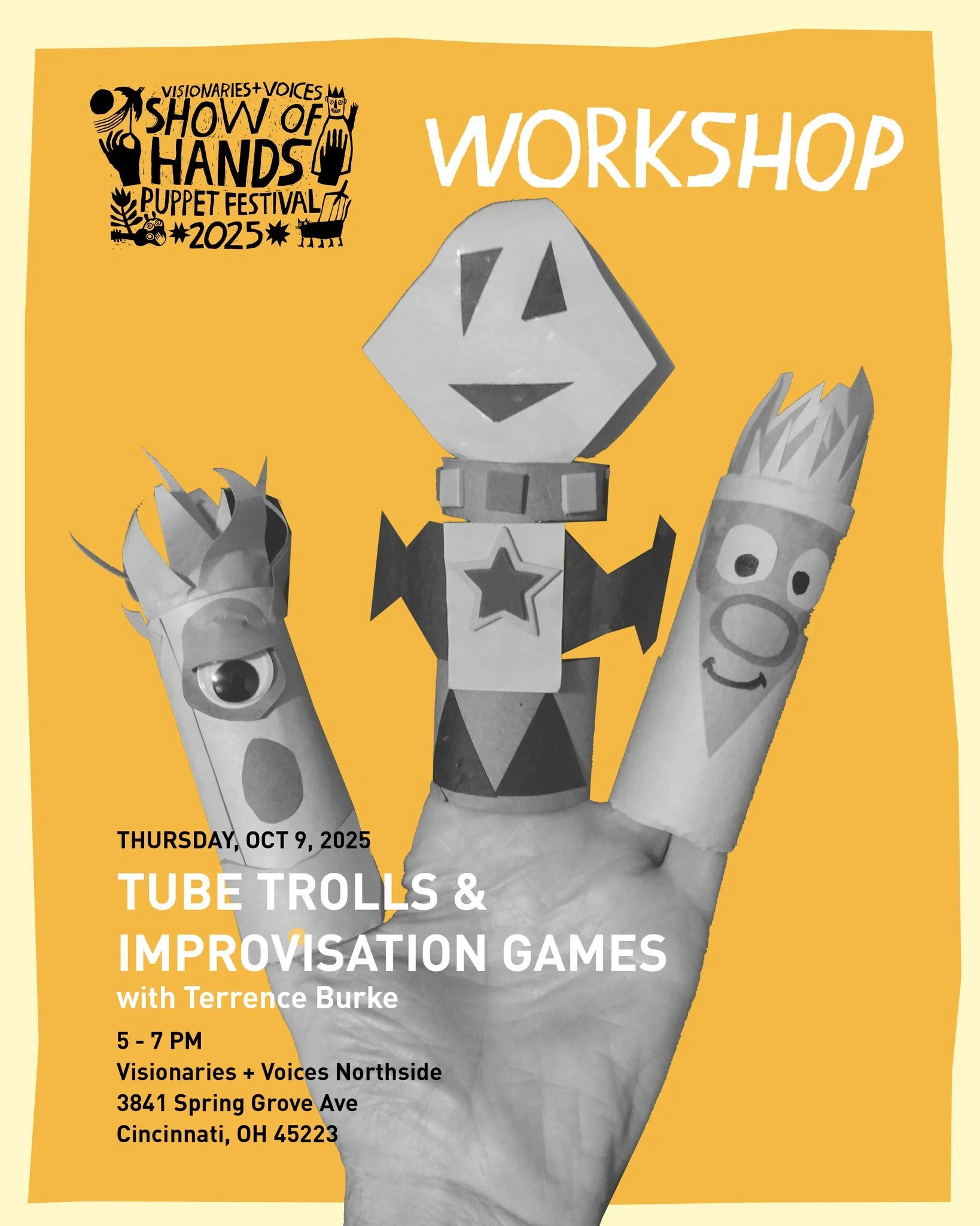 THURSDAY the @showofhandspuppetfestival  brings you much needed silliness  with a workshop from 5-7pm at V+V Northside Studio. 
We invite you to create your very own tube troll puppet with puppeteer Terrence Burke. Use a variety of materials to bring