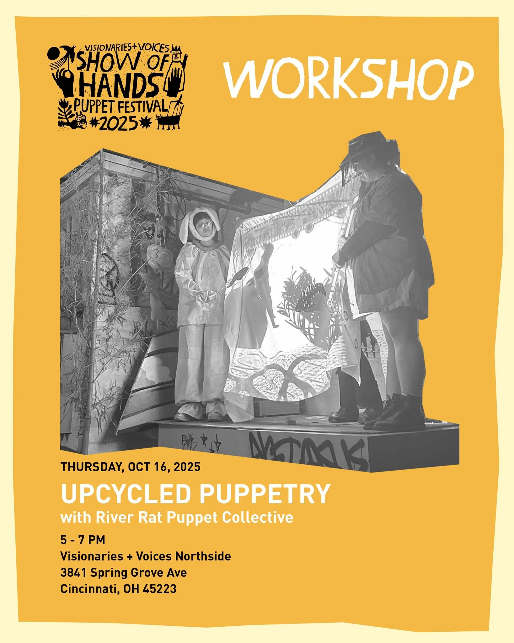 THURSDAY ♻️🧵🎭 Create your own whimsical puppet using recycled materials in this playful, hands-on workshop led by Cincinnati&rsquo;s River Rat Puppet Collective and V+V artist, Savannah Martin. 
All experience levels are welcome, build your own pup
