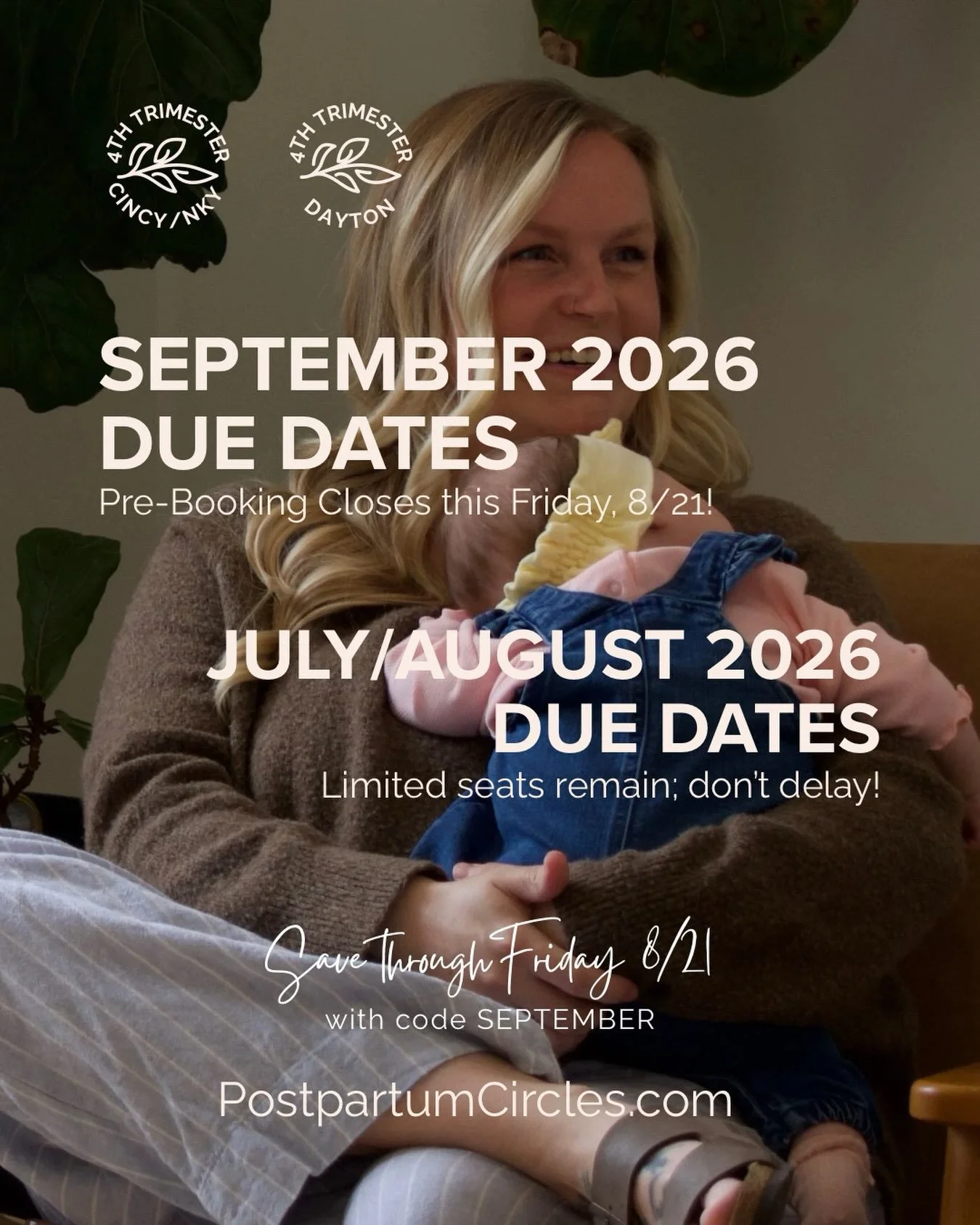 📣 REMINDER FOR SEPTEMBER DUE DATES: Postpartum Circle pre-booking is open through this Friday, 8/21! Save $10 with code SEPTEMBER.

🤱🏽We also have a few seats remaining for July &amp; August 2026 moms + babies in Cincinnati, NKY, and Dayton, but n