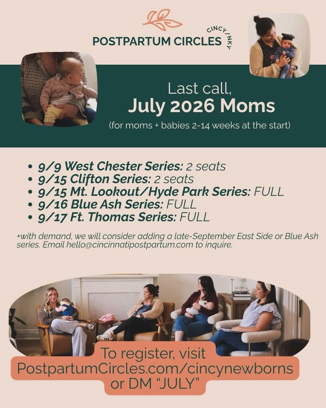 Here&rsquo;s a peek at our current openings for 4th Trimester #CincyPostpartumCircles. 

⭕️ What can you expect in our postpartum circles? 

🗓️ Five weeks with the same cohort of newborn moms 

👶🏾 Babies welcome, this is a chance to practice being