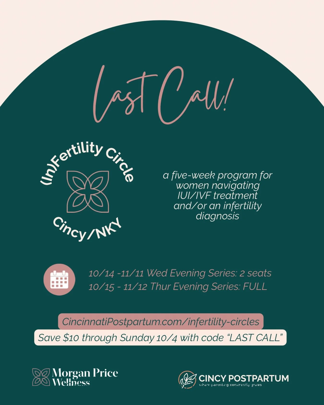 Our inaugural (In)Fertility Circles begin in just two weeks, and we&rsquo;re thrilled to be supporting two cohorts of women. 

We have just a few seats left in our Wednesday evening cohort. Will you help us by sharing with a friend? Maybe this is jus