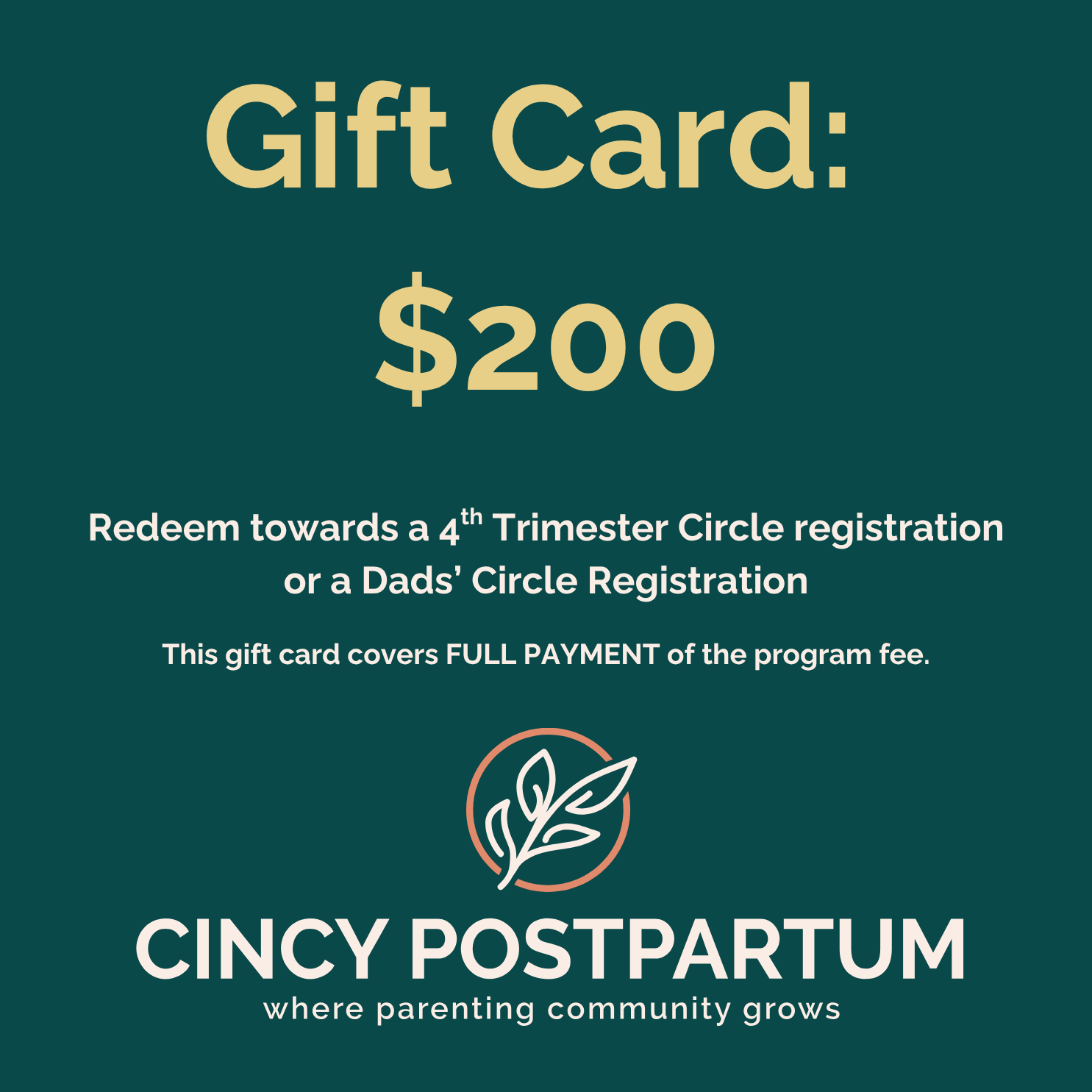 $200 Gift Card (Full cost of 4th Trimester or Dads' Circle Registration)