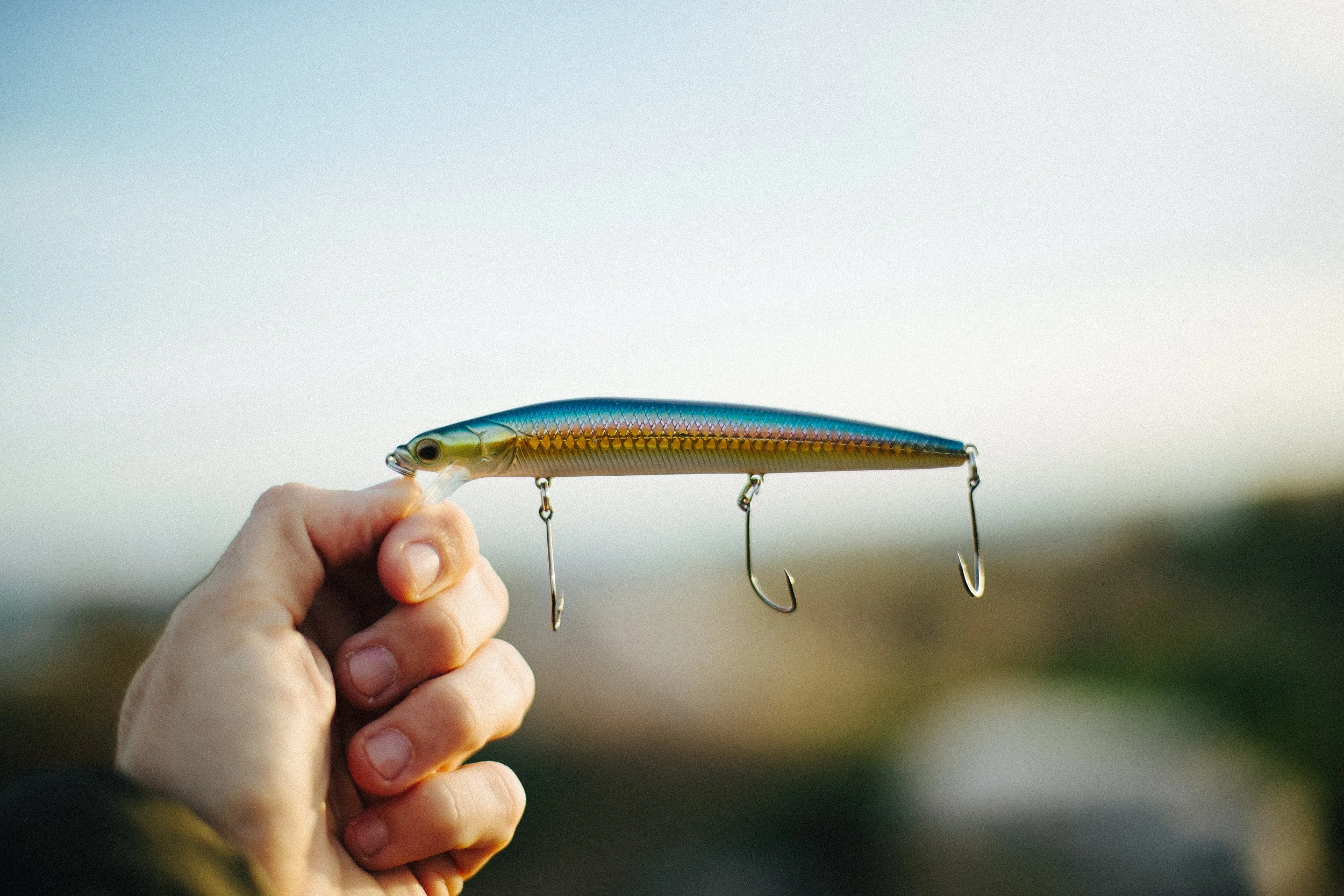 Hand holding a fishing lure designed to look like a small fish, with a blue and yellow body and treble hooks attached.