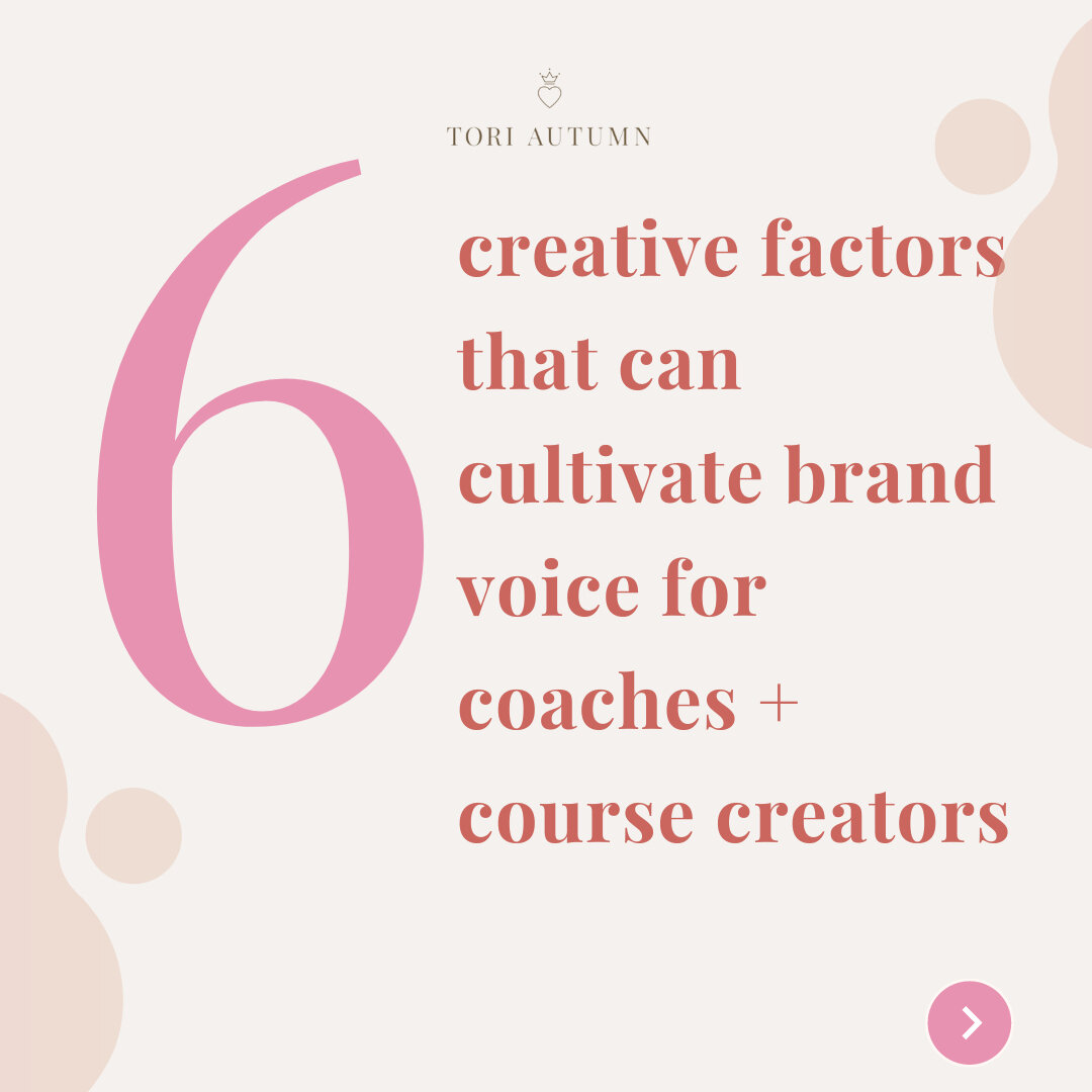 Top 6 creative factors that can cultivate brand voice for coaches + course creators:​​​​​​​​
​​​​​​​​
🎤 Asides to your audience - (ie. when people write in parenthesis like this). Makes it feel like you're leaning in and whispering to your audience!