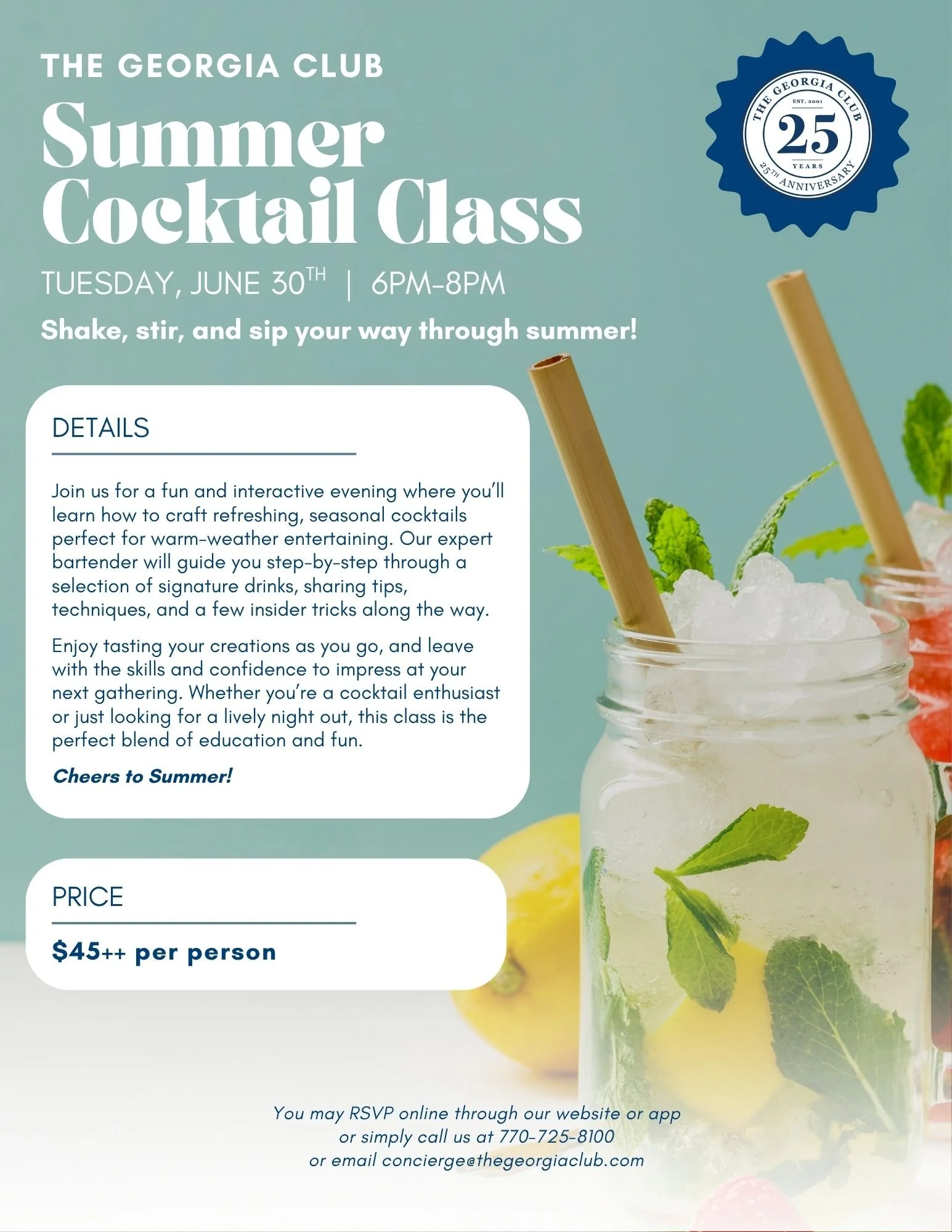 The Georgia Club Members Only Event |  Summer Cocktails Class