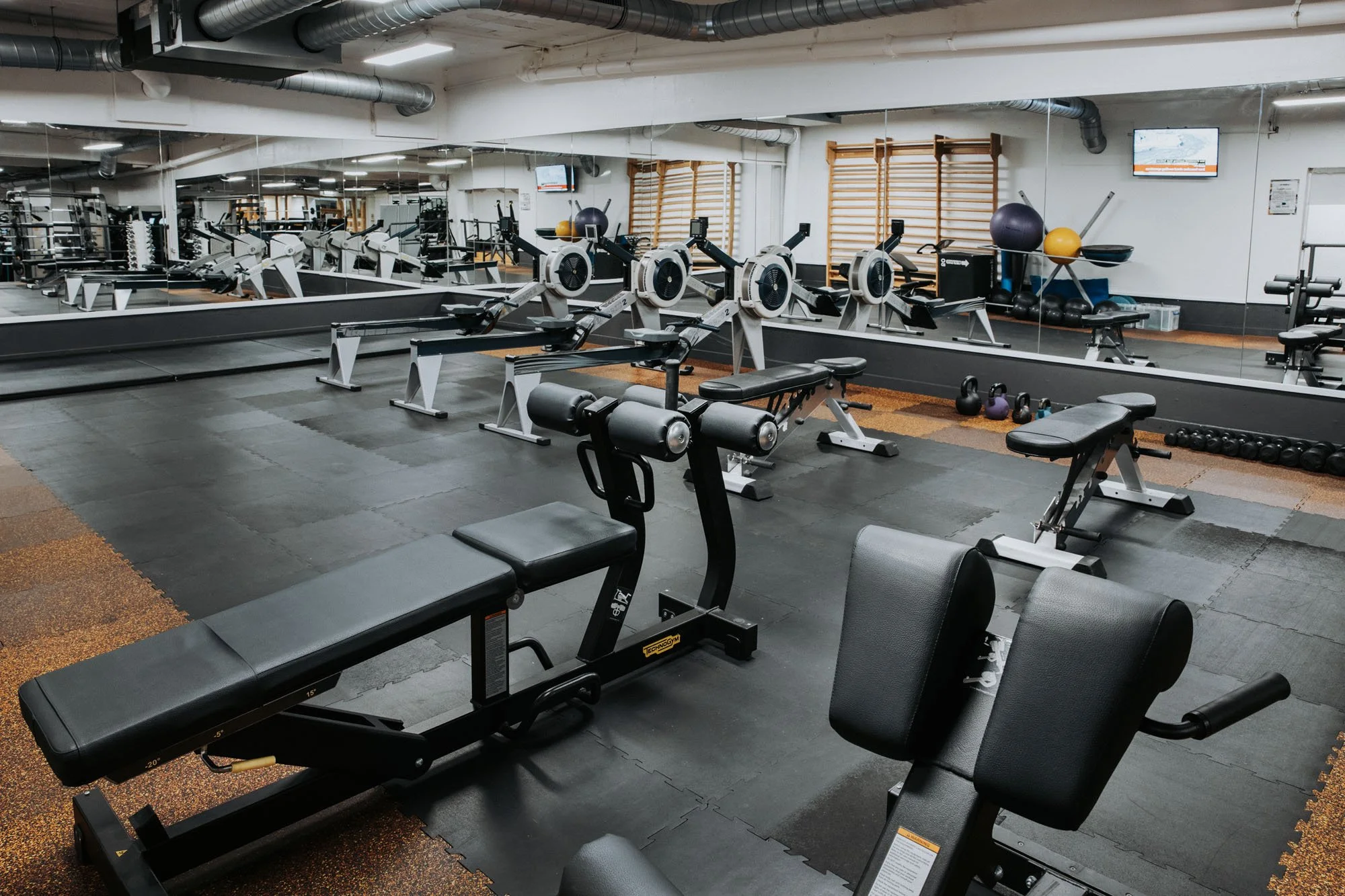 Fitness studio with rowing machines, weight rack, medicine balls, and climbing wall with wooden bars. Large mirror on wall reflecting equipment.