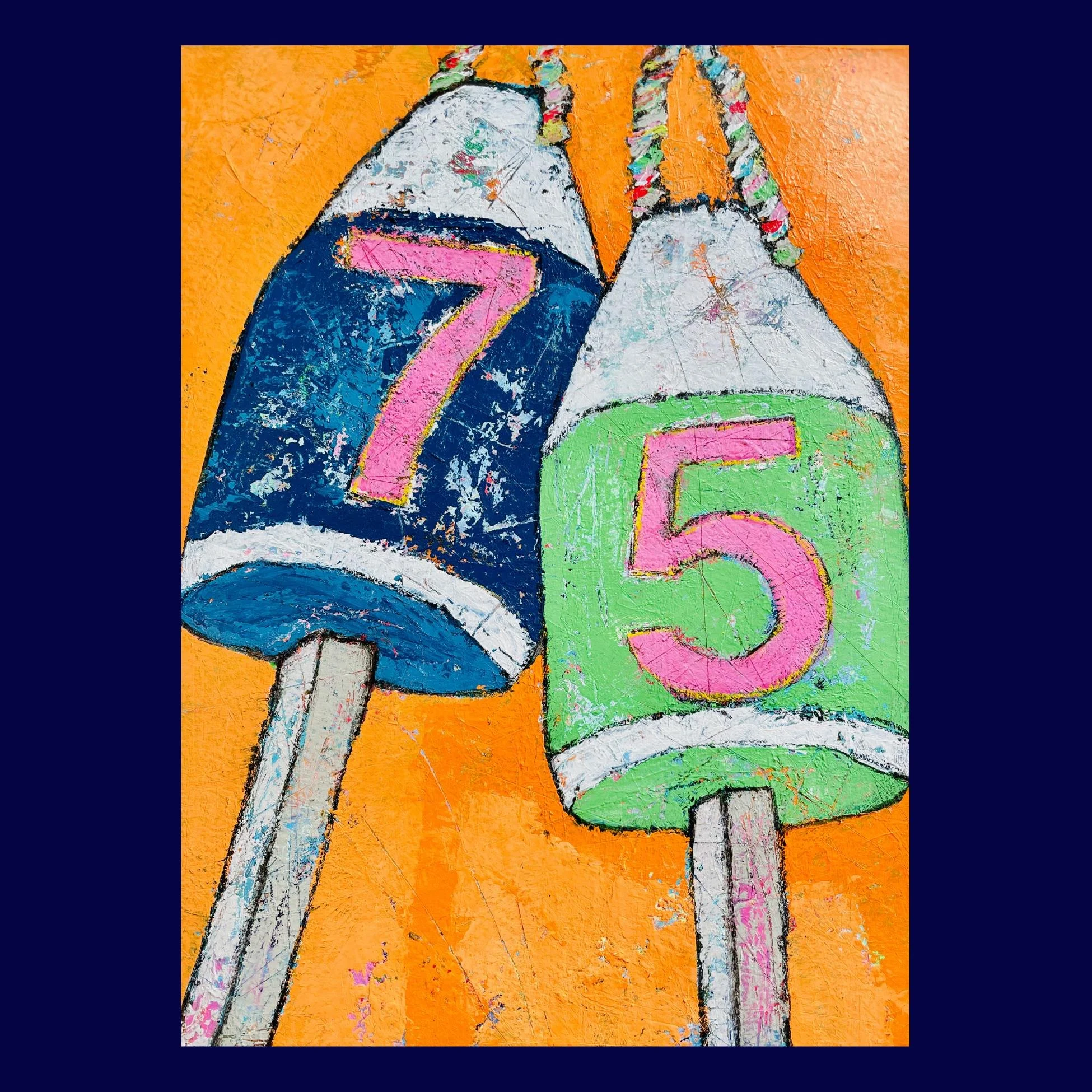 Petite Print - Blue and Green Buoys on Orange 5x7 Giclee Print