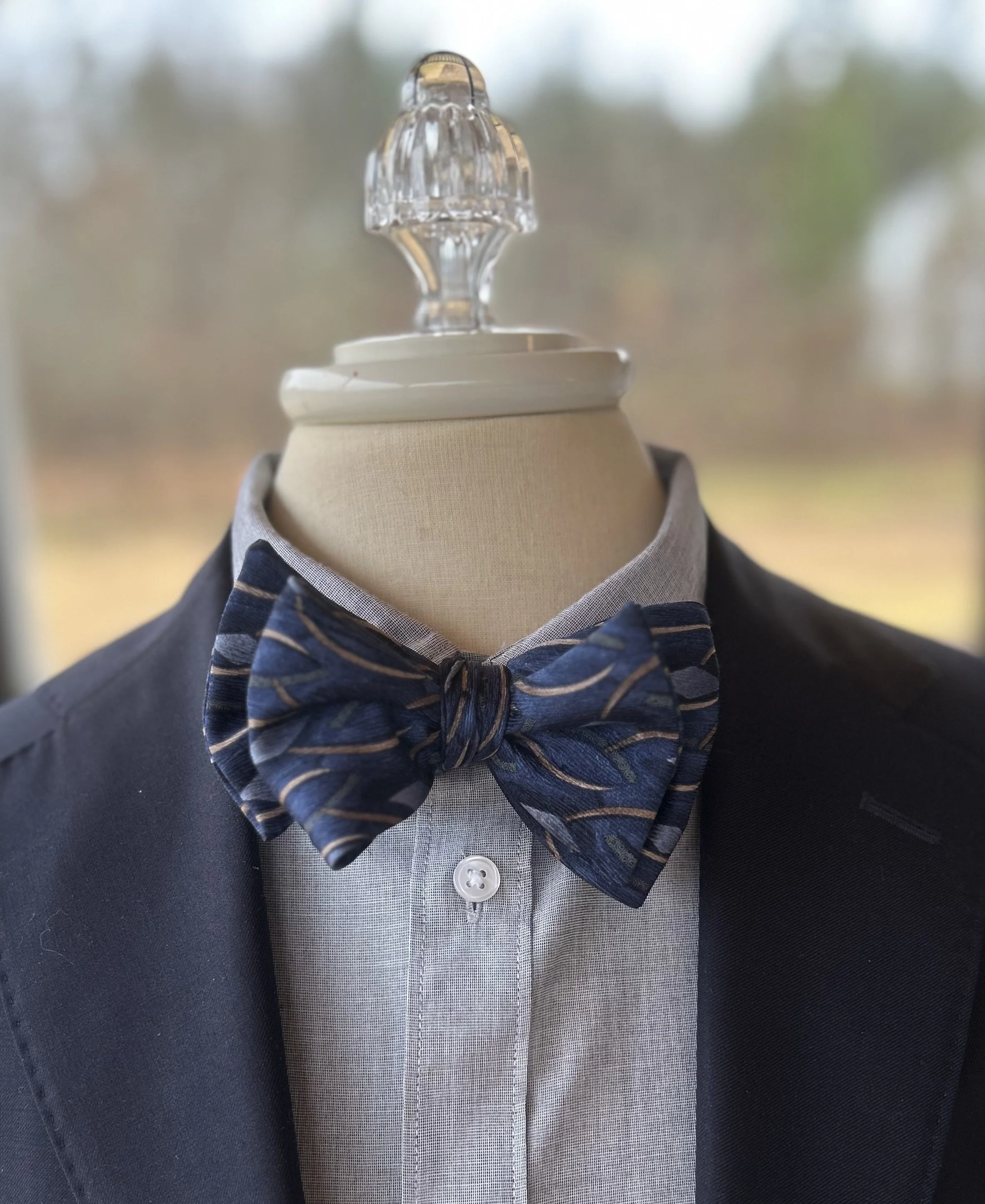 SILK BOW TIE | Navy with Tan, Gray  Bow Tie | Classic Bow Tie | Men's Fashion Accessory | Upcycle Fashion | Handmade |