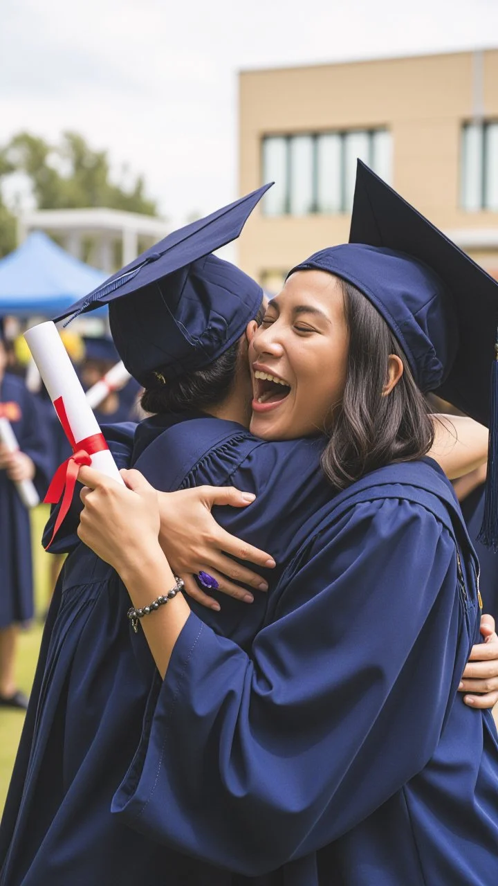 Two graduates in blue caps and gowns hugging and smiling at their graduation ceremony.