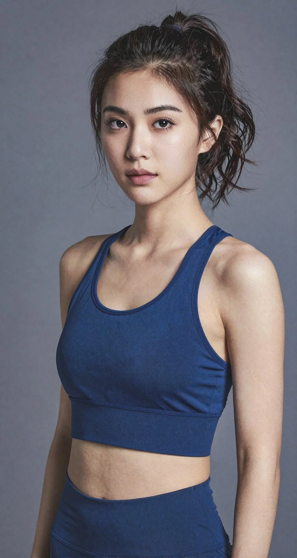 A young woman with dark brown hair styled in a high ponytail, wearing a blue sports bra and matching high-waisted leggings, standing against a plain gray background.