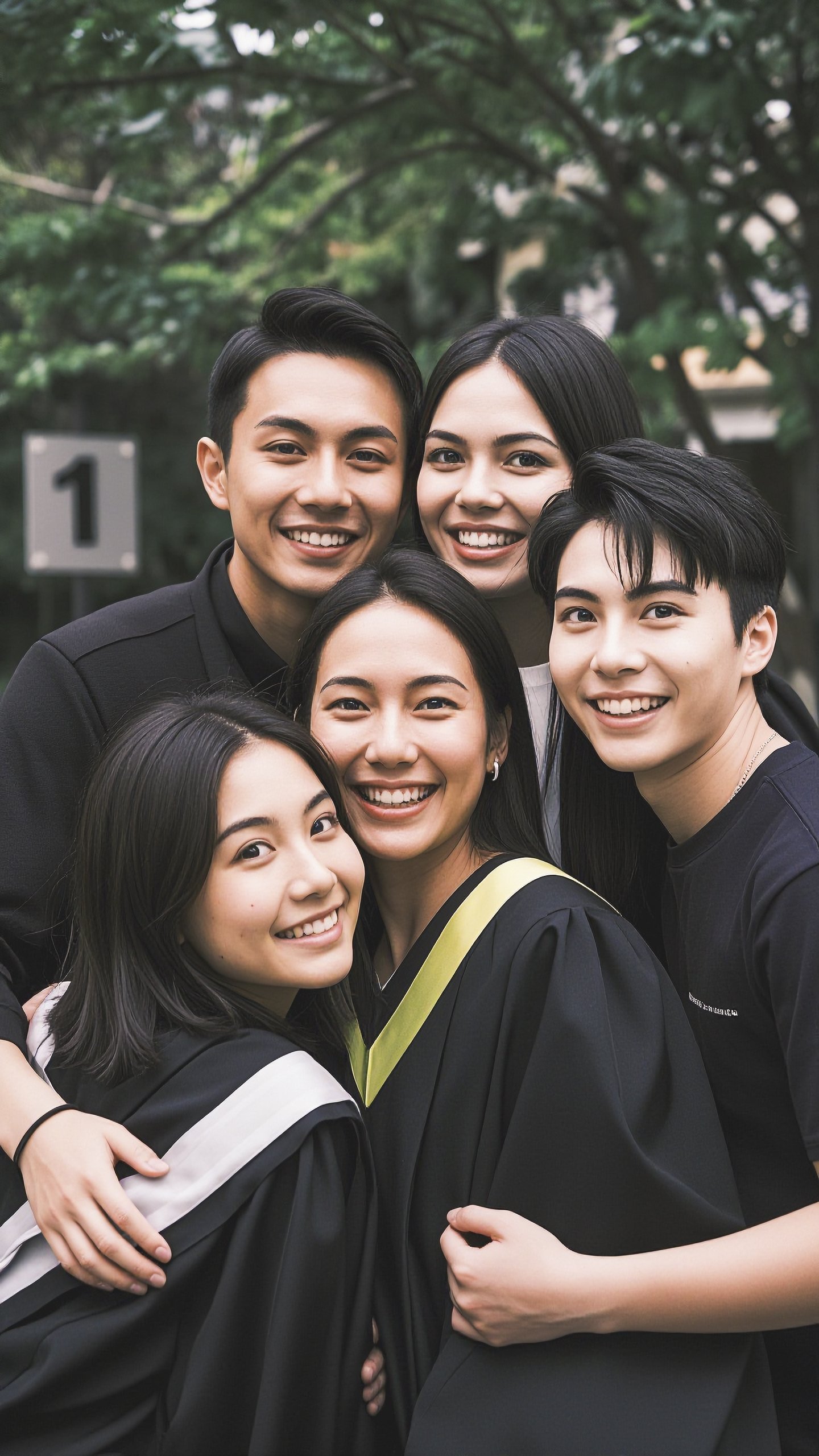 Group of six young adults in graduation gowns smiling and embracing outdoors, with green trees in the background.