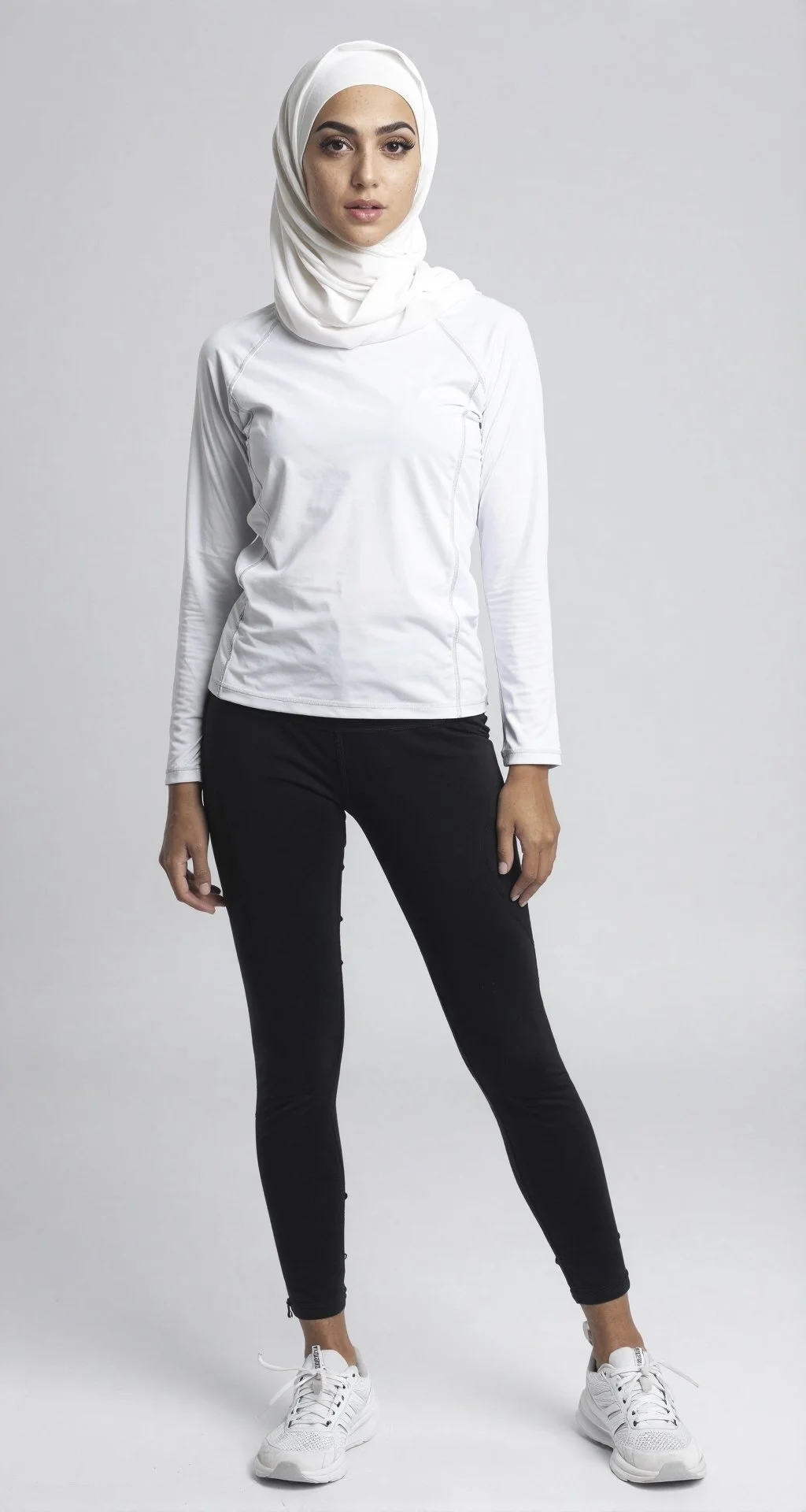 A woman wearing a white hijab, white long-sleeve athletic top, black leggings, and white sneakers, standing against a plain gray background.