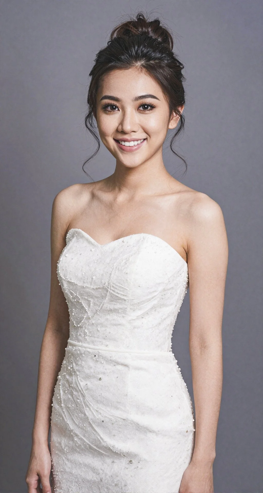 A young woman in a strapless white dress with pearl embellishments against a gray background.
