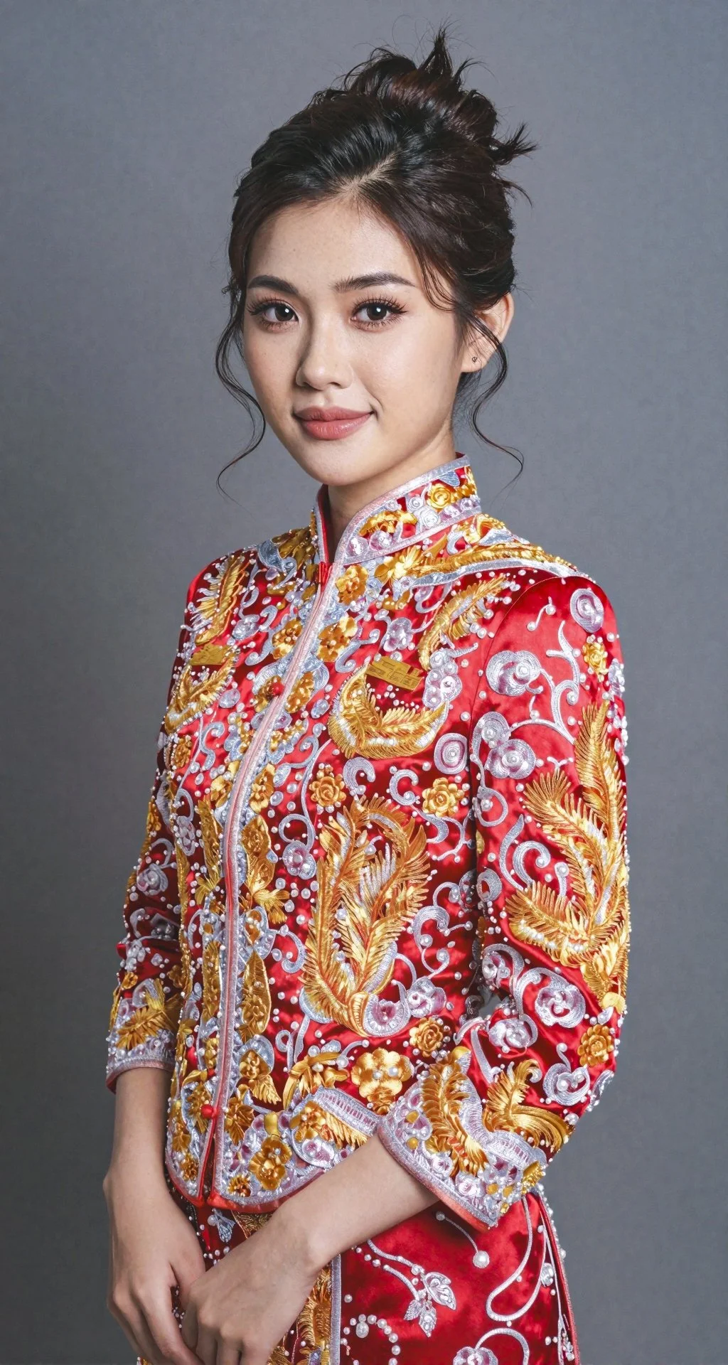 A young woman dressed in a traditional red and gold embroidered gown with floral and feather patterns, standing against a gray background.