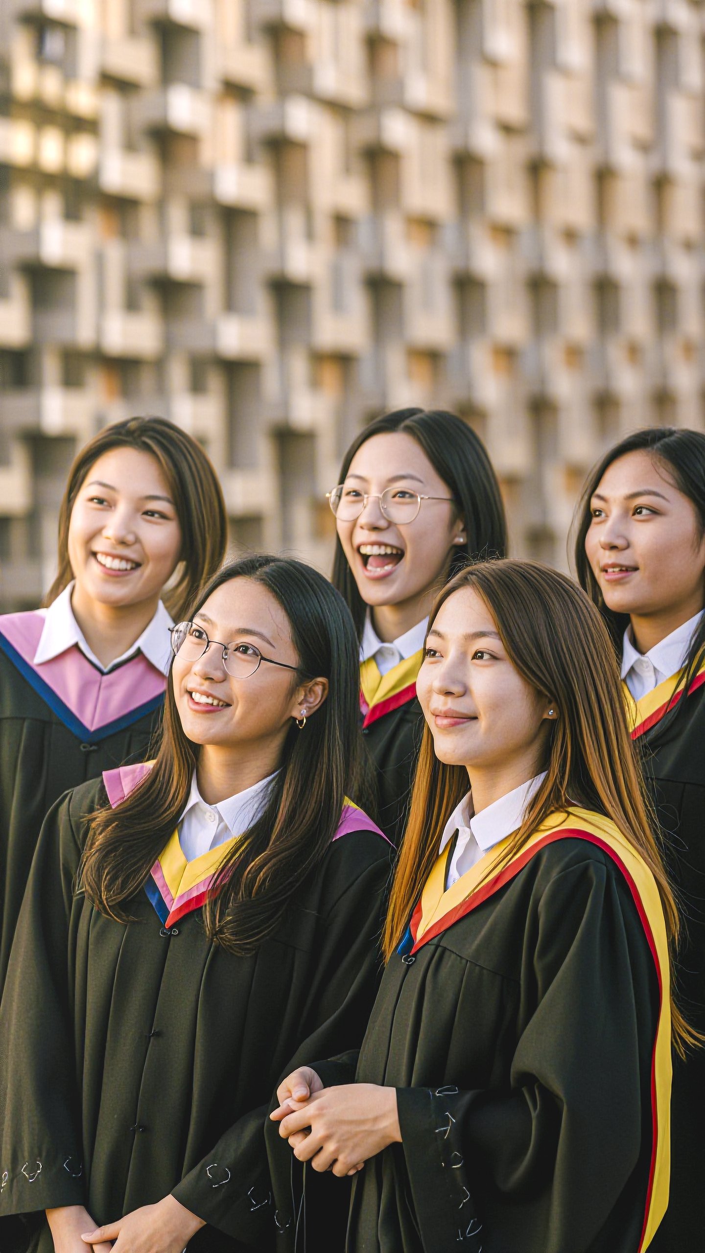 A group of six young women in graduation gowns and caps, smiling and posing outdoors with a building in the background.